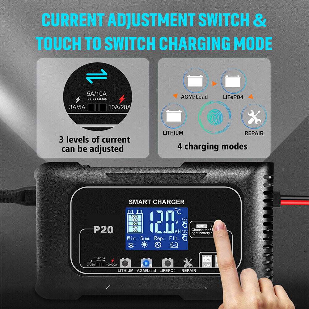 JahyShow Intelligent 12V/24V Battery Charger - Fast Charging with LCD Display, 20A Amp
