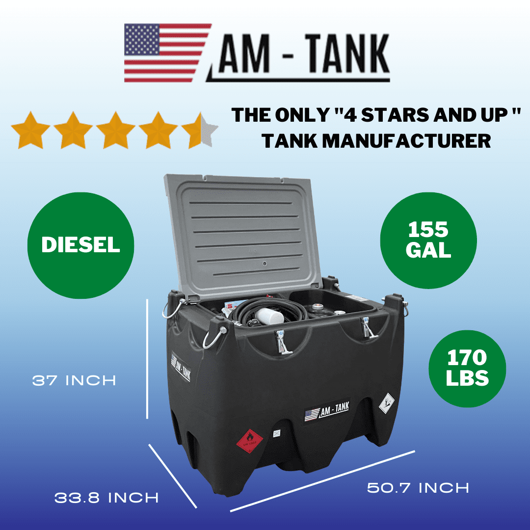 AM-TANK 155 DIESEL: Portable Diesel Tank 155 gal, 12V pump, WATER AND PARTICULATE FILTER, 26ft flexible hose, Automatic shut-off Nozzle.