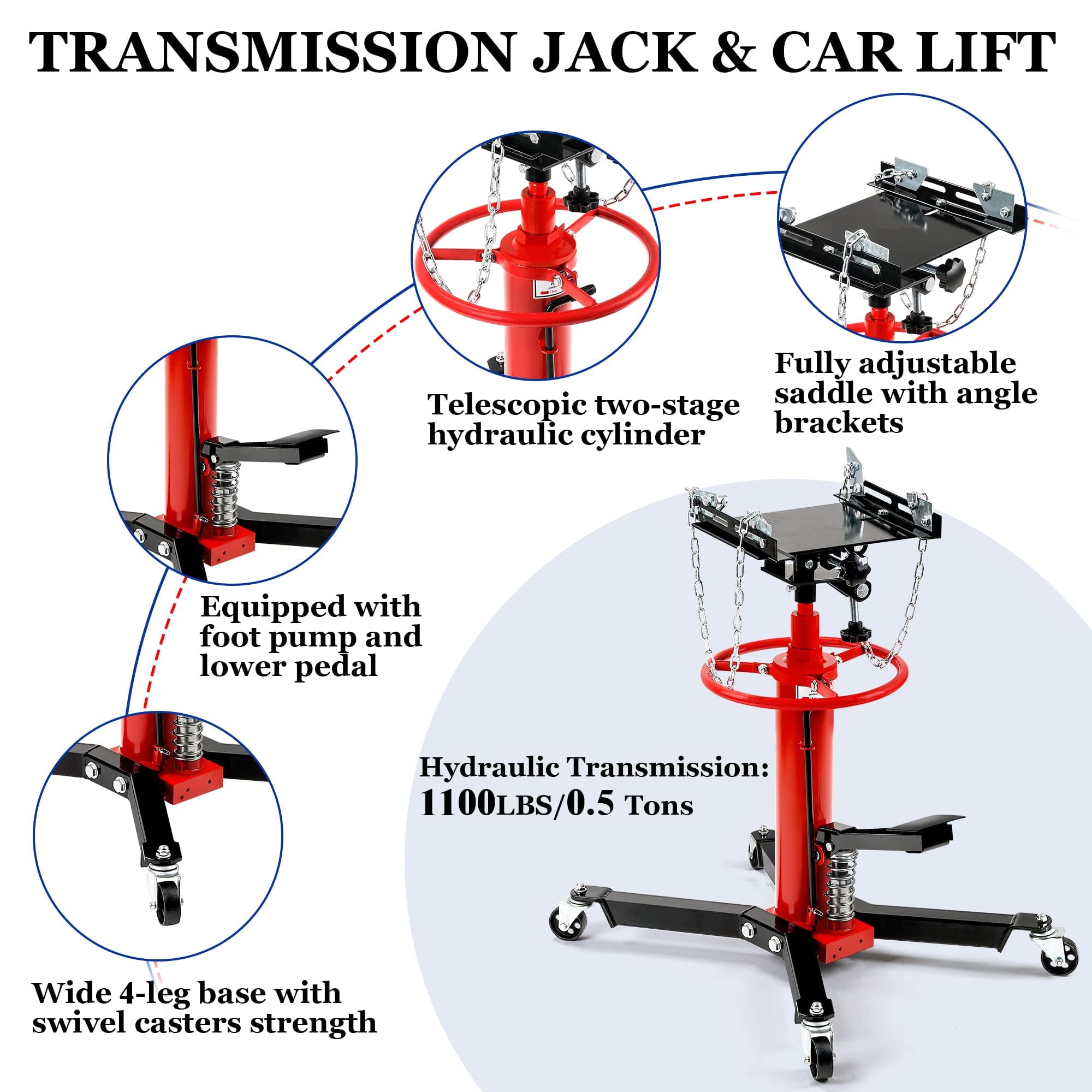 Transmission Jack, 1,100 lbs Capacity Garage Shop Telescoping Hydraulic Jack, Transmission Jack High Lift 2 Stage Adjustable Transmission Floor Jack, 360° Swivel Wheel Lift Hoist for Car Lift