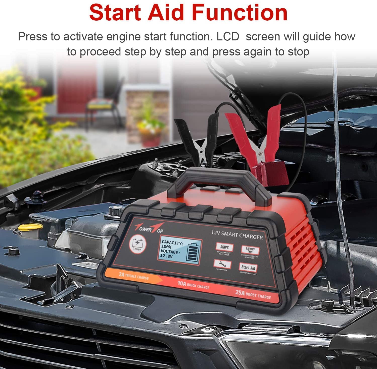 Towertop 12V 2/10/25A Smart Battery Charger/Maintainer Fully Automatic with Engine Start, Cable Clamps