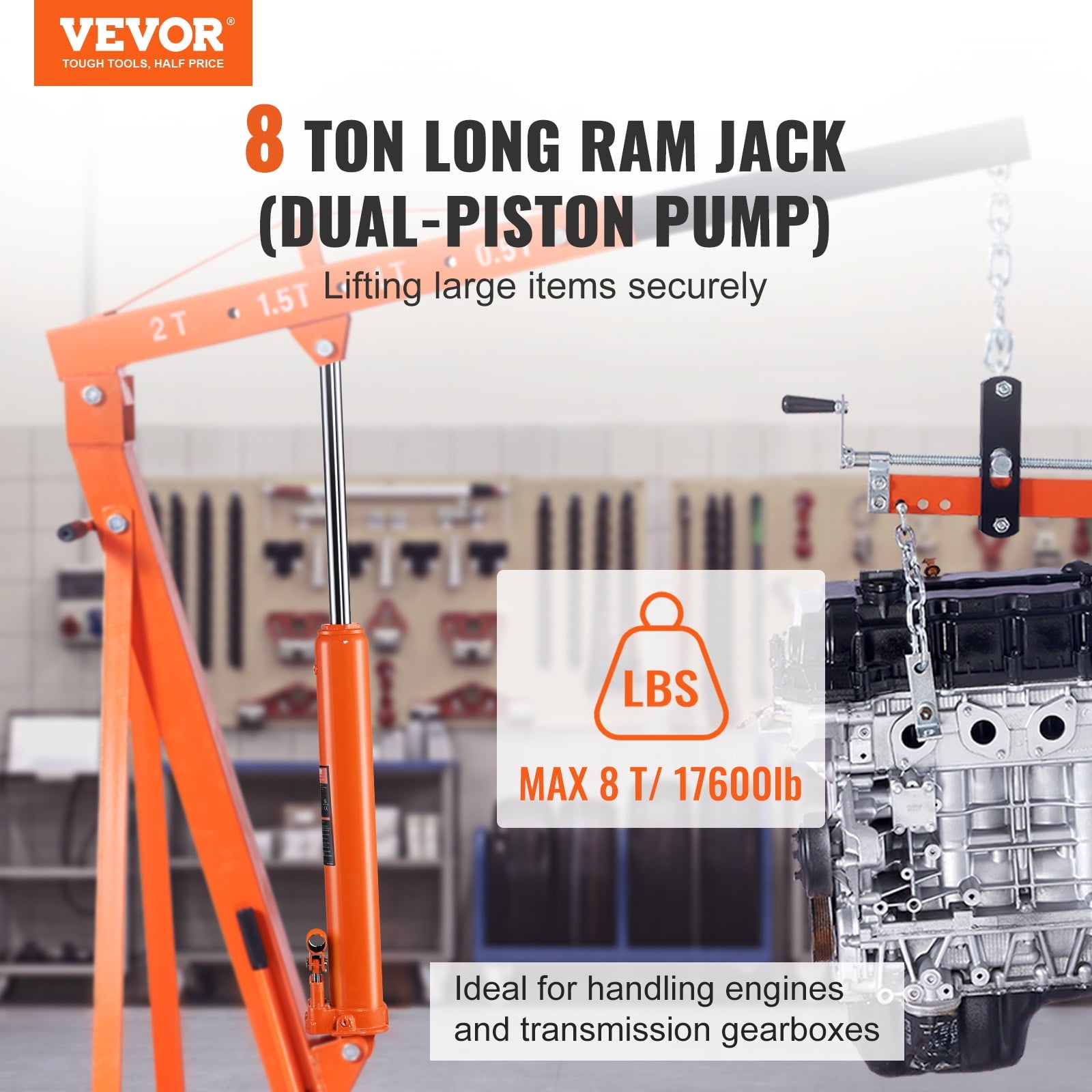 BENTISM Hydraulic Long Ram Jack, 8 Ton Engine Hoist Cylinder with Double Piston Pump And Clevis Base, Hydraulic Ram Cylinder for Engine Lift Hoists, Hydraulic Garage/Shop Cranes, Mechanical, Farm