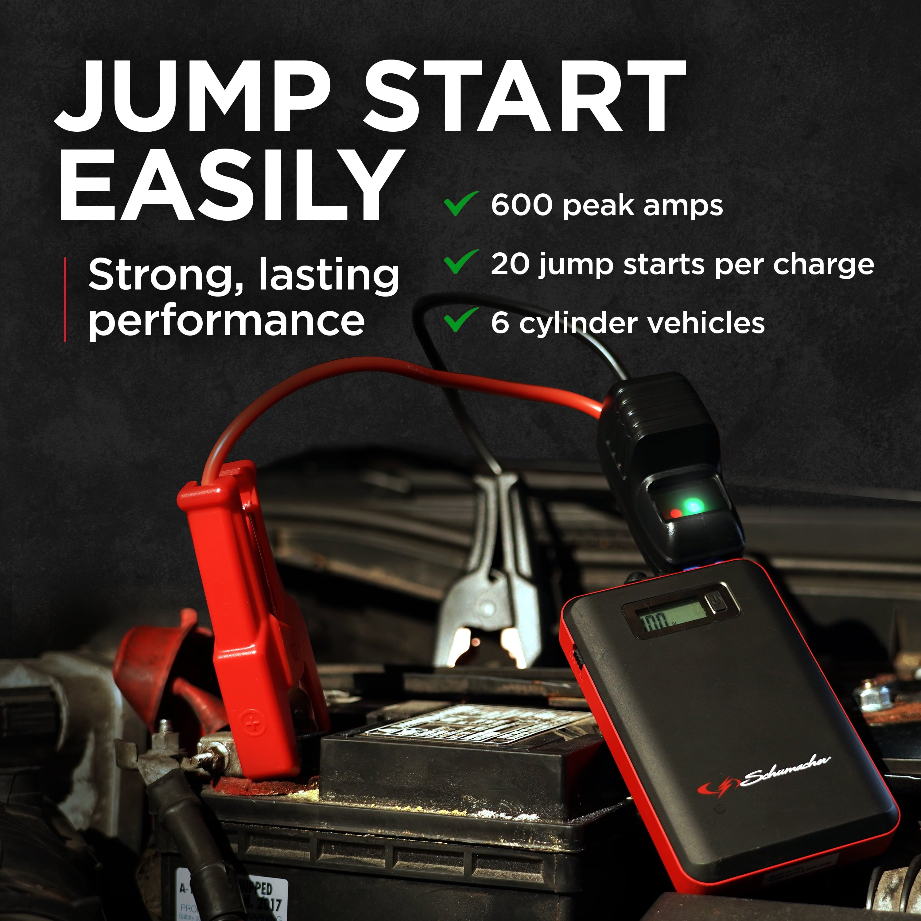 Schumacher Electric Rechargeable Lithium Jump Starter and Power Pack with USB and 12V DC Charging Ports, 600 Amp