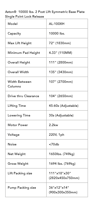 Aston Technologies* 2-Post Car Lift 10000 lbs. Single Point Lock Release AL-100XH