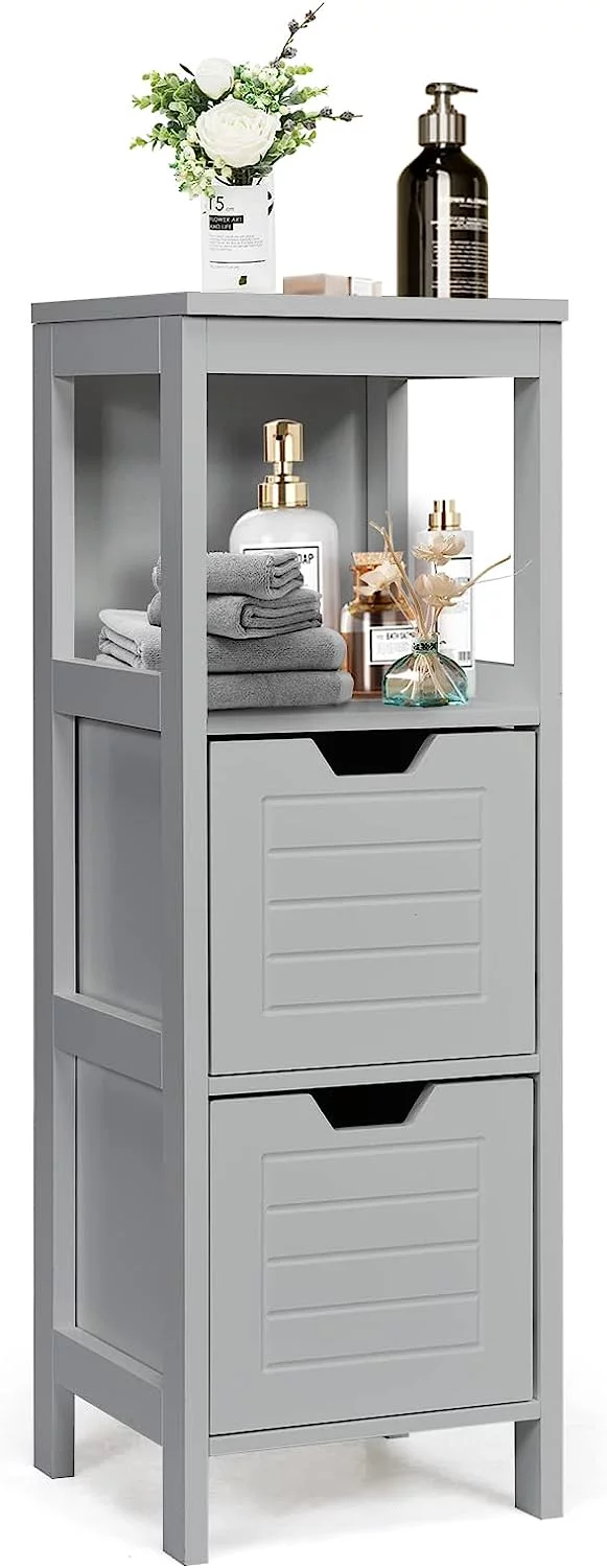 Bathroom Storage Cabinet, Freestanding Wooden Side Storage Cabinet with 2 Adjustable Drawers, Space-Saving Floor Cabinet for Living Room Bathroom Bedroom Entryway (Grey)