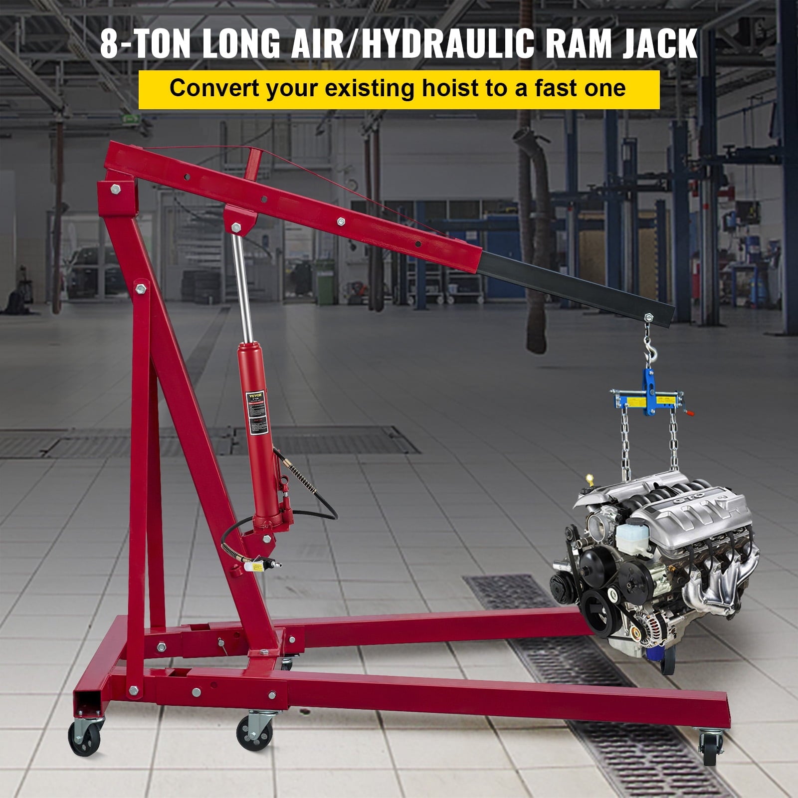 VEVOR Hydraulic / Pneumatic Long Ram Jack, 8 Tons/17363 lbs Capacity, with Single Piston Pump and Clevis Base, Manual Cherry Picker w/Handle, for Garage/Shop Cranes, Engine Lift Hoist, Red