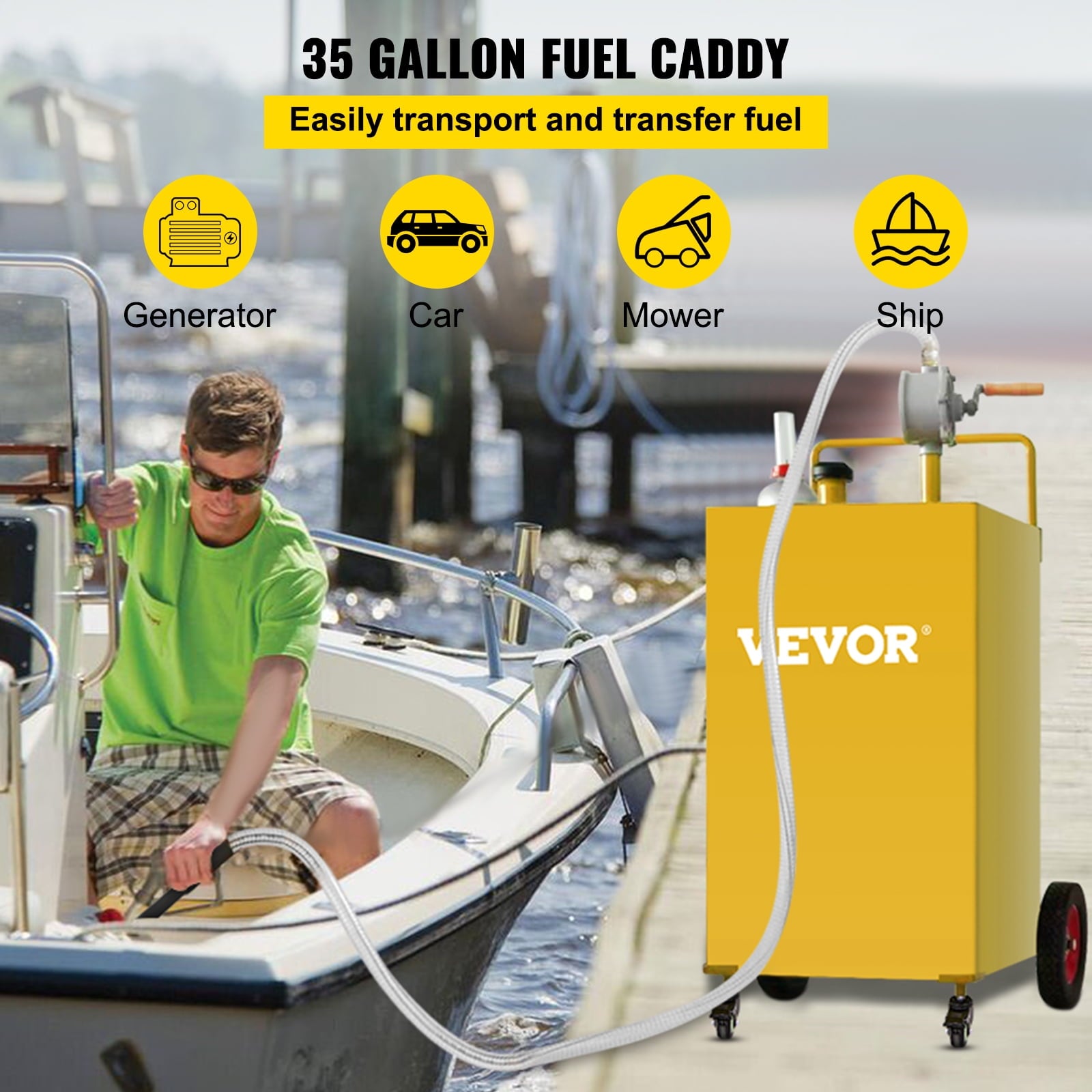 VEVOR 35 Gallon Gas Caddy, Fuel Storage Tank with 4 Wheels, Portable Fuel Caddy with Manuel Transfer Pump, Gasoline Diesel Fuel Container for Cars, Lawn Mowers, ATVs, Boats, More, Yellow