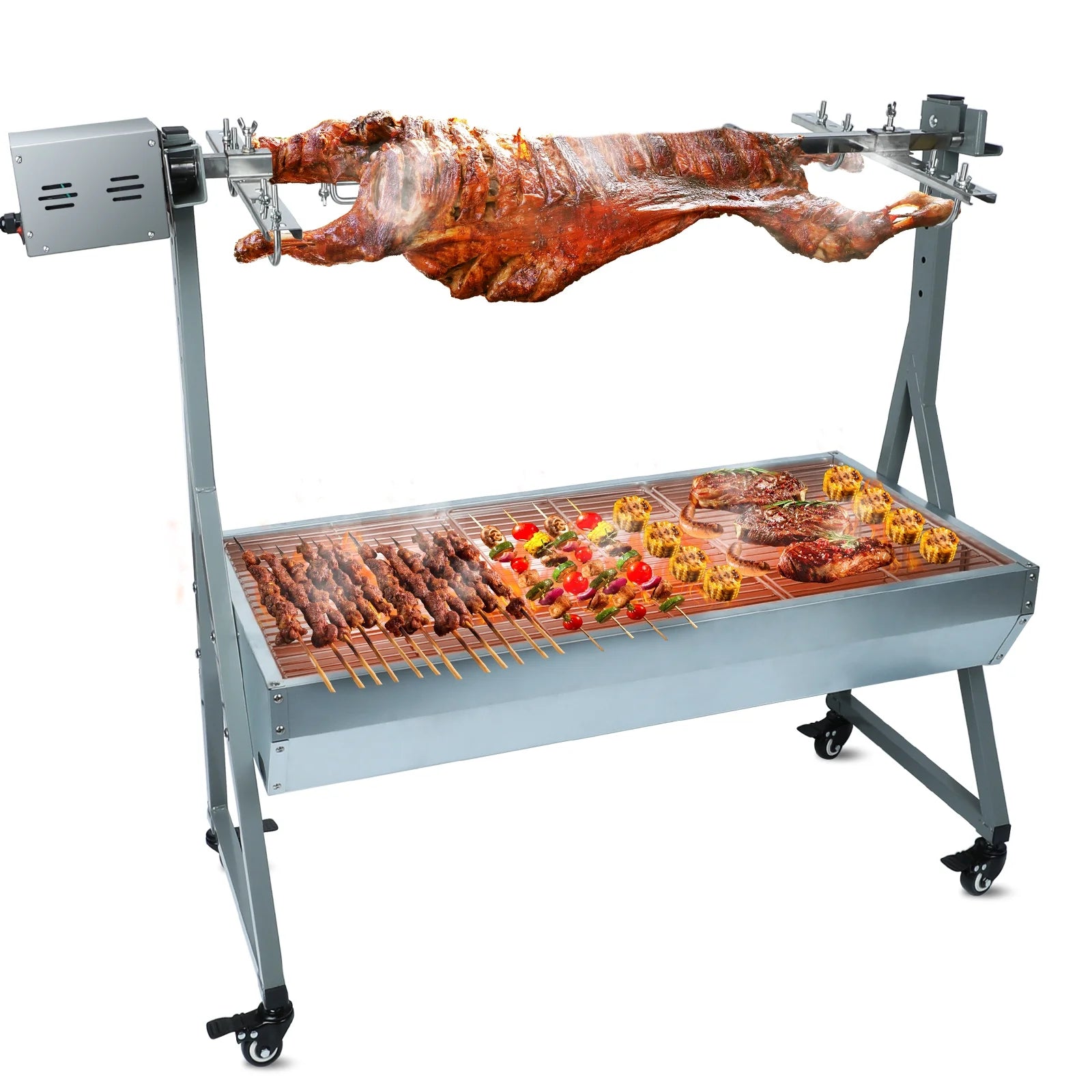 Rocita Rotisserie Grill Roaster, 132lbs Charcoal Grill Outdoor BBQ Grill Pig Lamb Spit Roaster with 25W Motor and Hand Crank
