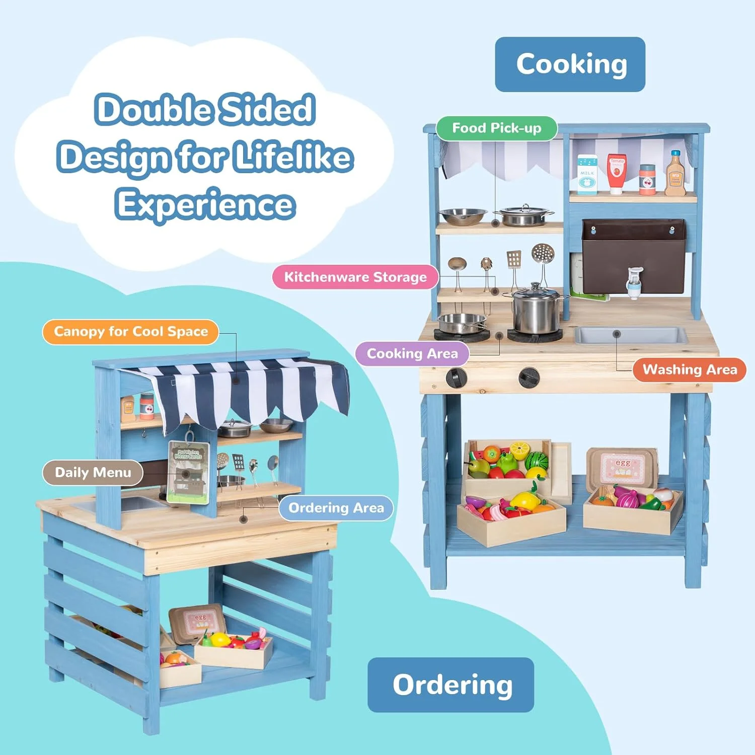 Brinjoy Kids Kitchen Playset, Double-Sided Wooden Outdoor Mud Kitchen w/Realistic Faucet, Removable Sink, Cooking Toys, Menu, Toddler Pretend Play Kitchen, Backyard Mud Table, Gift for Boys Girls