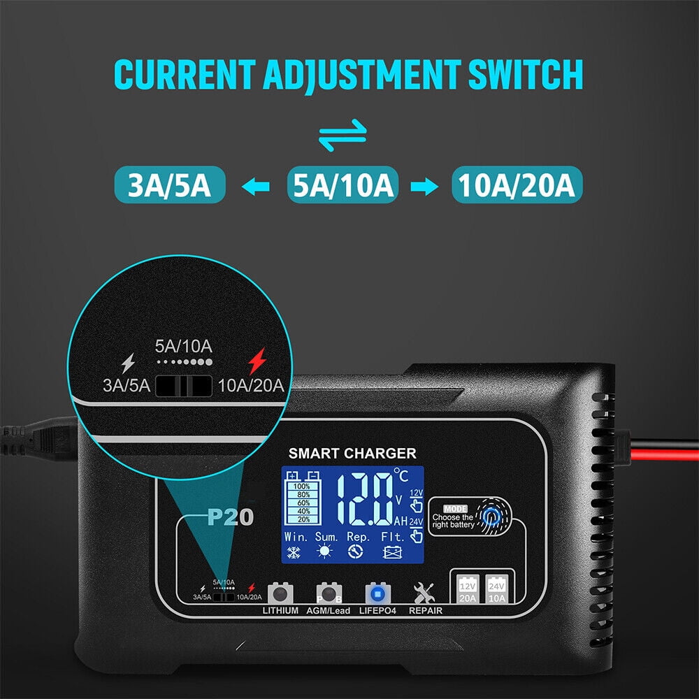 JahyShow Intelligent 12V/24V Battery Charger - Fast Charging with LCD Display, 20A Amp