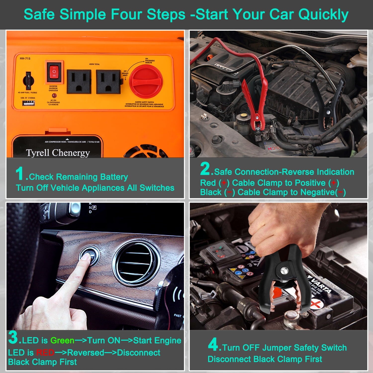 Tyrell Chenergy Power Station 1400 Amp Battery Jump Starter， 110V 400W Power Inverter Battery Booster Pack with AC/DC Outlet & Air Compressor, Portable Power Station Charger