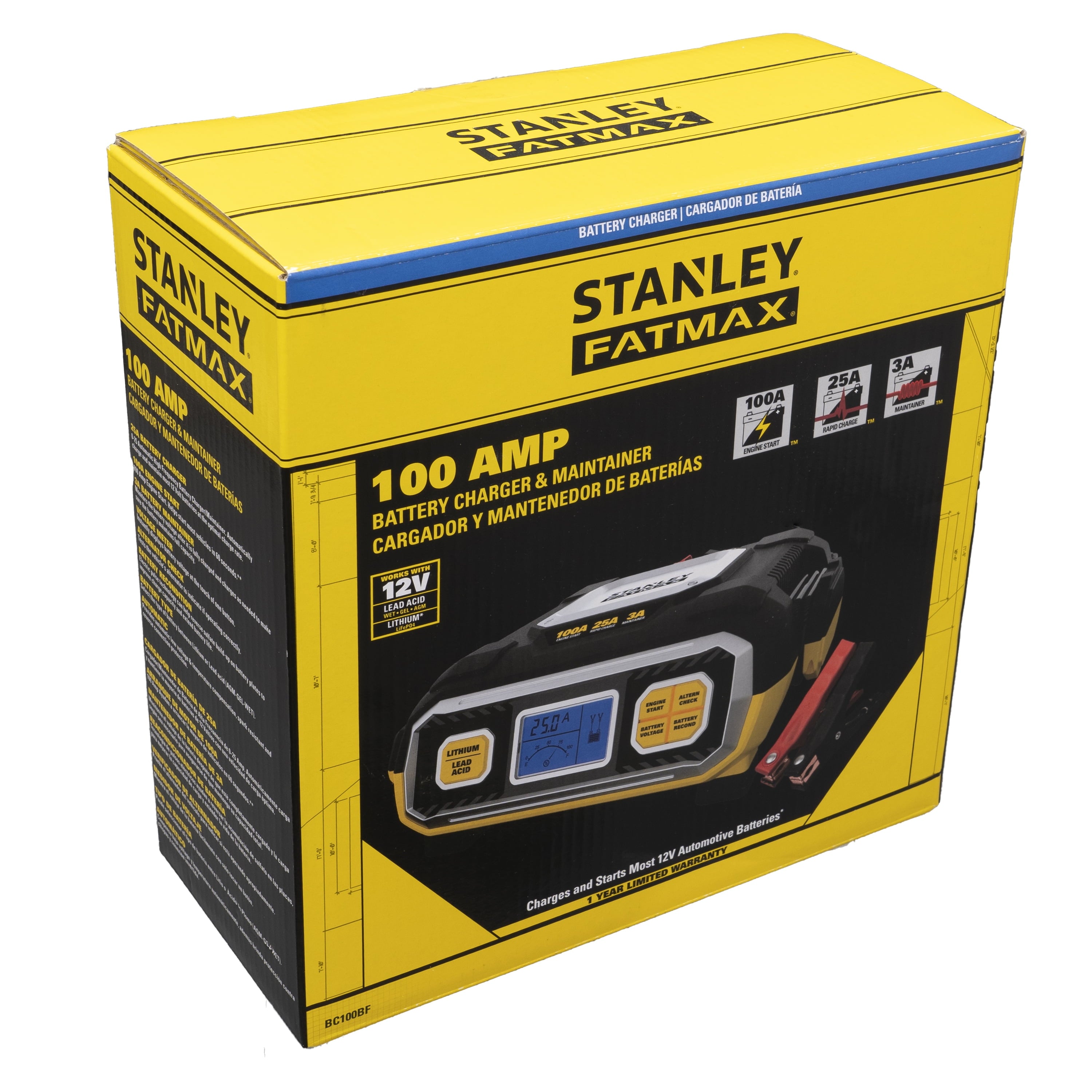 Stanley FatMax BC100BF 100 Amp Battery Charger & Maintainer For Lead Acid & Lithium Batteries, New