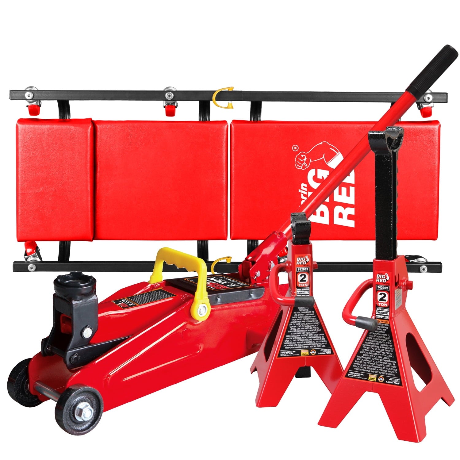 BIG RED 2 Ton Hydraulic Floor Jack with 2 Jack Stands and Rolling Garage Creeper Combo,Red, W8200