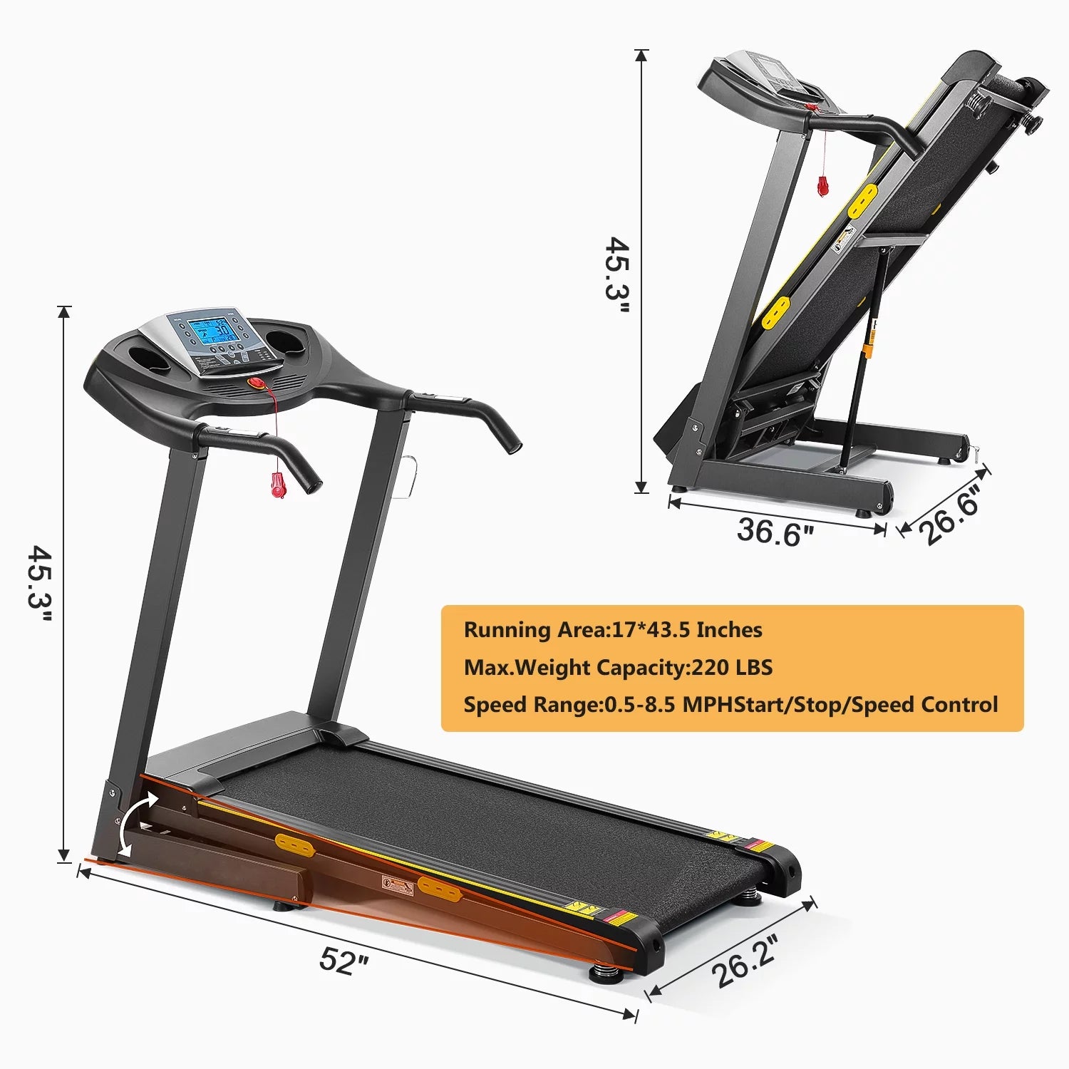 MARNUR 2.5 HP Treadmill with 12% Auto Incline, 220 lb Weight Capacity, 0.5-8.5 mph