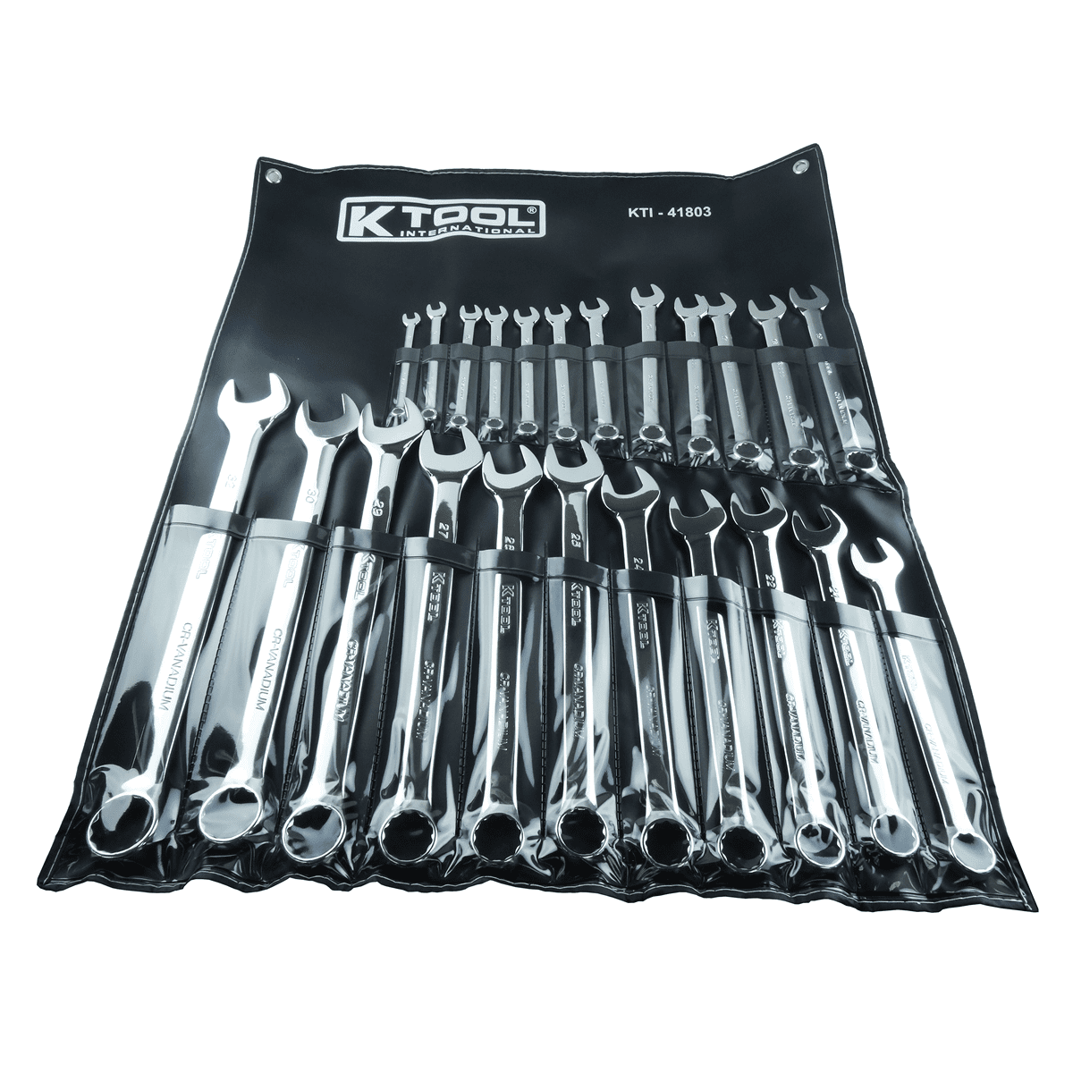 K Tool International 41803 Metric Combination Wrench Set for Garages, Repair Shops, and DIY, Chrome Plated, 12-point, Laser Engraved, Corrosion/Rust Resistant, 8-32mm Wrenches, 23-slot Sleeve