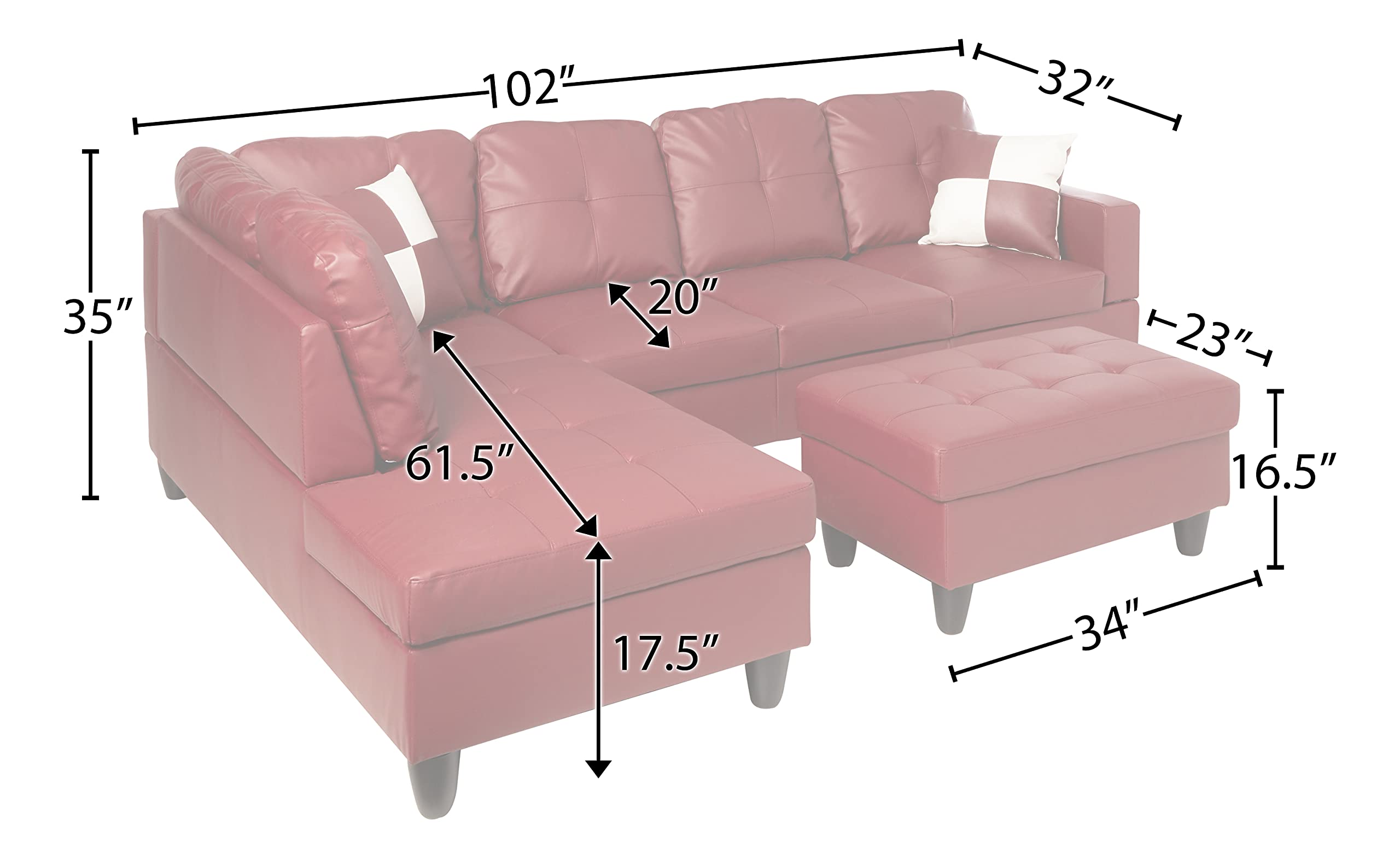 Beverly Fine Furniture Left Facing Russes Sectional Sofa Set With Ottoman, RED