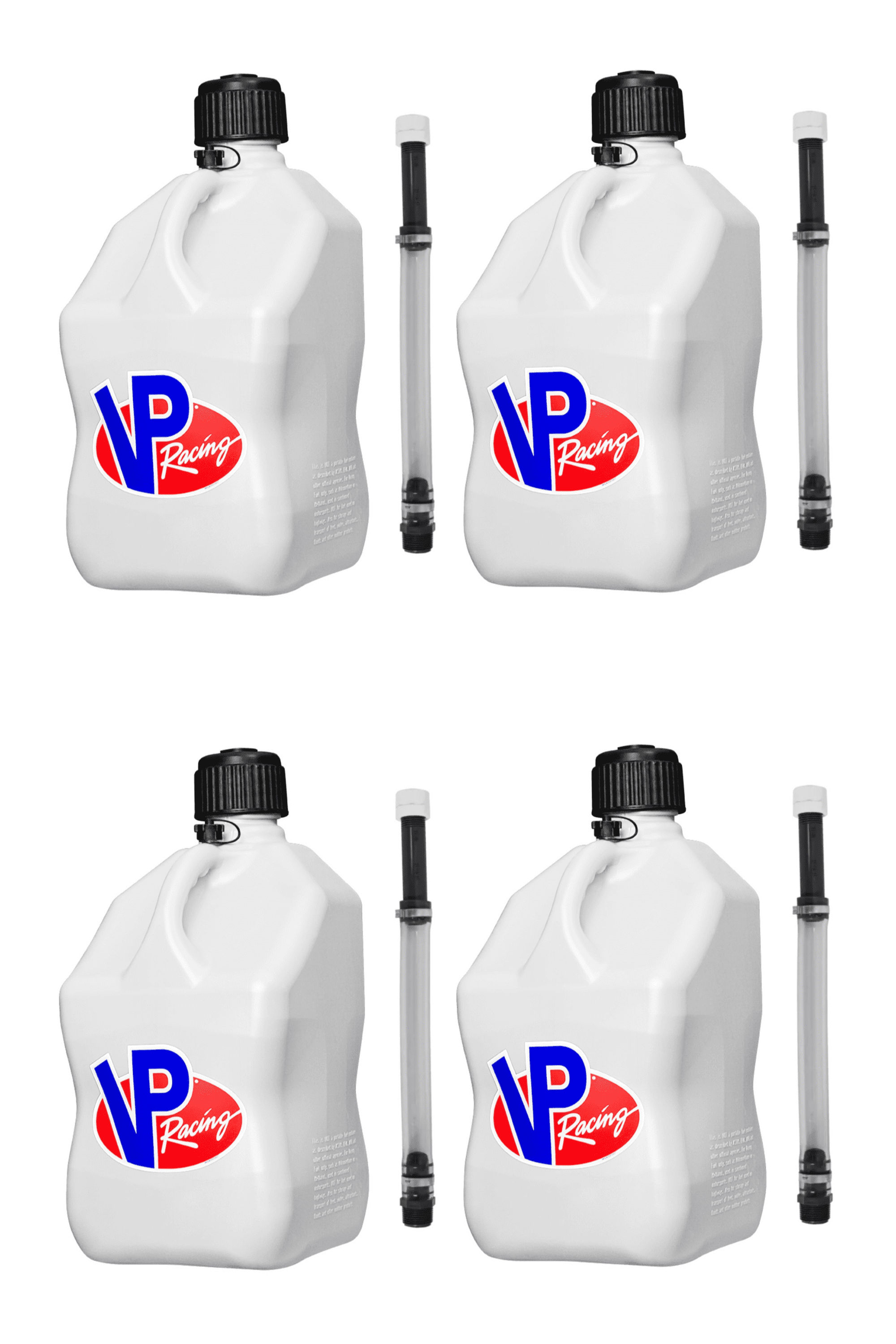 VP Racing Utility Jug 5.5 Gallon + Deluxe Hose - Mix and Match Between 11 Different Colors - Made in the USA (4 Pack, White)