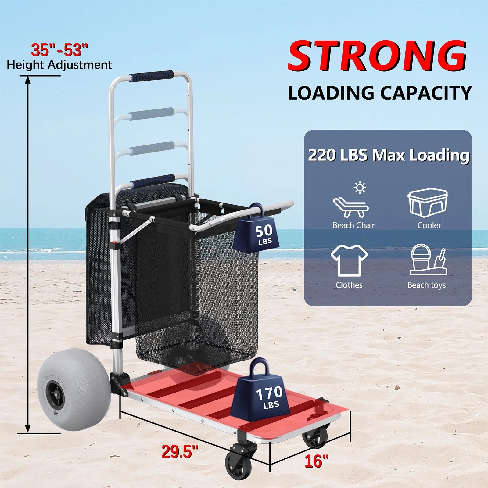 GDLF Foldable Beach Cart with Adjustable Handle and 12