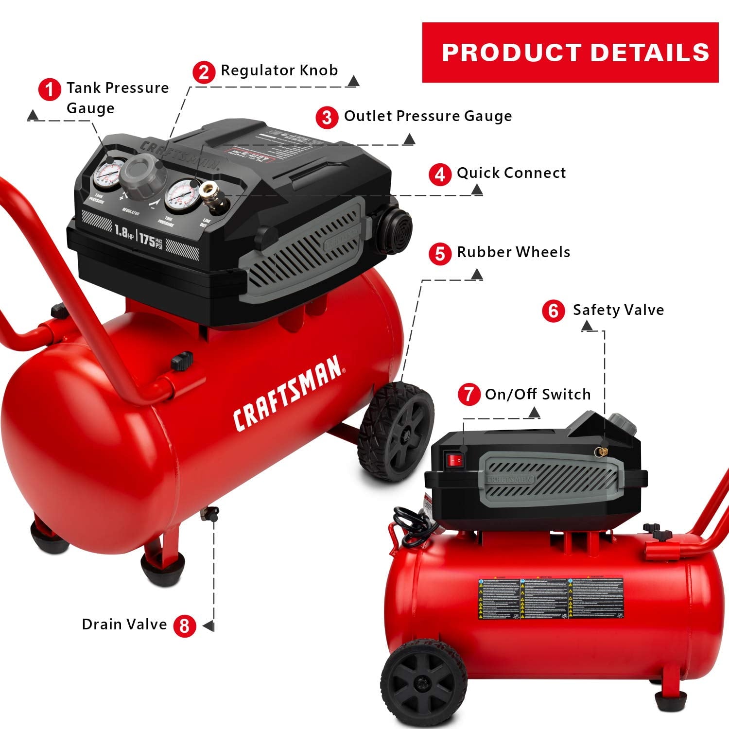 CRAFTSMAN HARD Air Compressor, 10 Gallon 1.8 HP 175 PSI, 4.0CFM@90PSI, Oil Free and Maintenance Free, Portable with Large Wheels, CMXECXA0201041