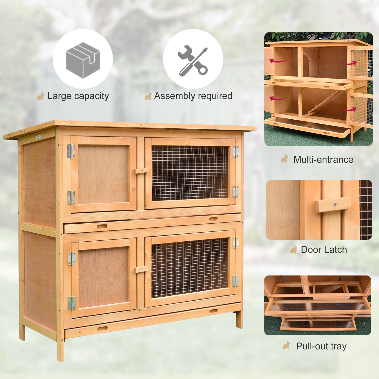 Pawhut Solid Wood Rabbit/Bunny Hutch with 2 Large Main Rooms, Yellow