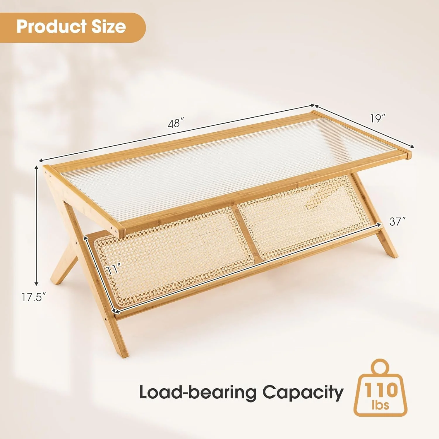 Bamboo Coffee Table, 2-Tier Rectangular Coffee Table with Glass Tabletop, Modern Center Table with Handwoven Rattan Storage Shelf, 48” Tea Table Cocktail Table for Living Room, Office, Natural