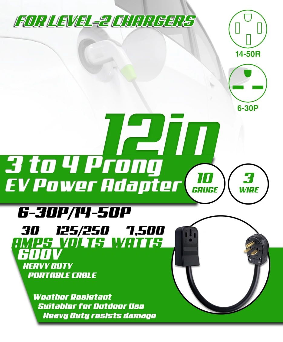 Portable 3-prong to 4-prong EV Charger Adapter - NEMA 6-30P to 14-50R Adapter