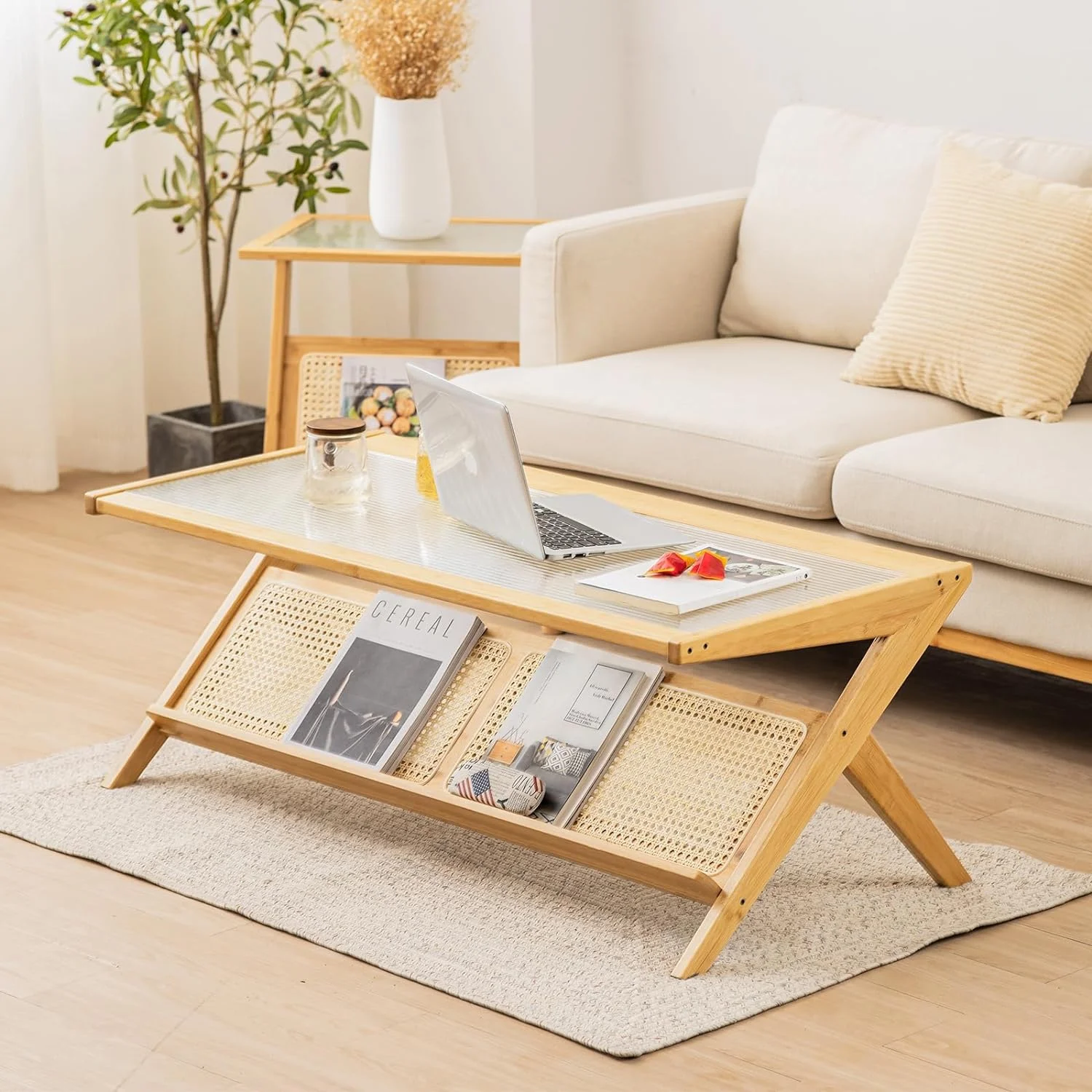 Bamboo Coffee Table, 2-Tier Rectangular Coffee Table with Glass Tabletop, Modern Center Table with Handwoven Rattan Storage Shelf, 48” Tea Table Cocktail Table for Living Room, Office, Natural