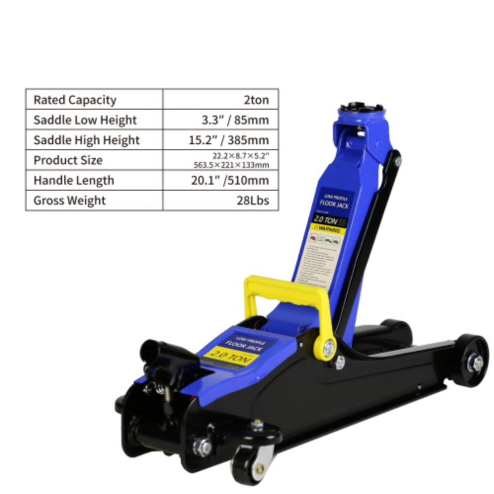 Floor Jack, 2 Ton Low Profile Floor Jack, Heav yDuty Steel Racing Floor Jack with Single Piston QuickLift Pump, Floor Jack Black+Blue + Steel + 2T Single pump + Lifting range 3.3