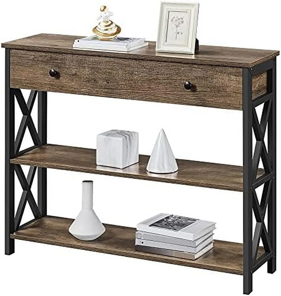 MQLIFEBOOM Console Table with Drawer Entryway Table with 3 Tier Shelves Narrow Long Sofa Table for Entryway Living Room Hallway Couch Kitchen Metal Frame Gray