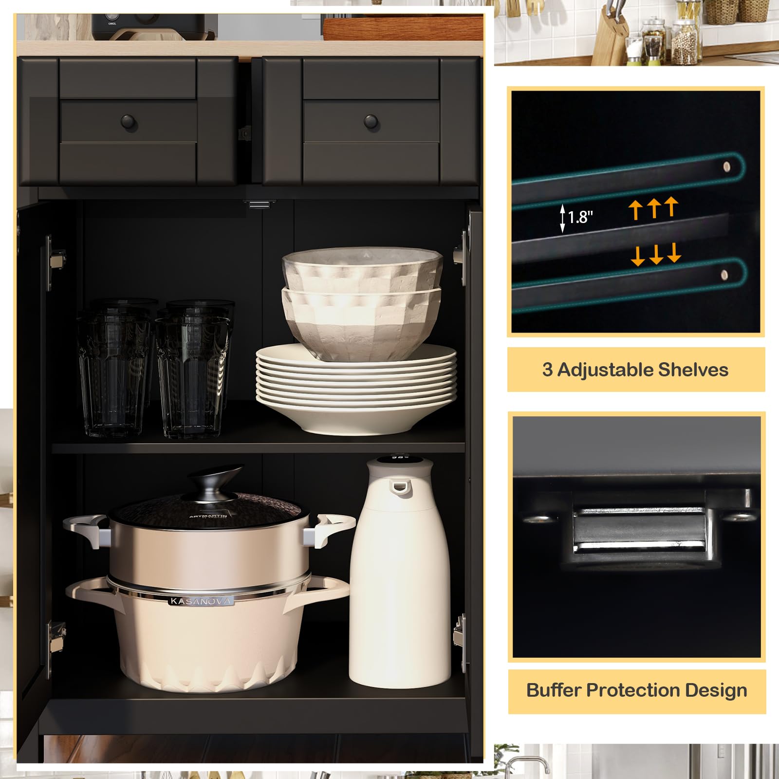 HOMREST Kitchen Island on Wheels, Kitchen Cart with Cabinet & 3 Layer Shelves, Wood Countertop Mobile Storage Islands with Spice Rack, Lockable Wheels, Drawer and Two Doors, Wine Glass Holder