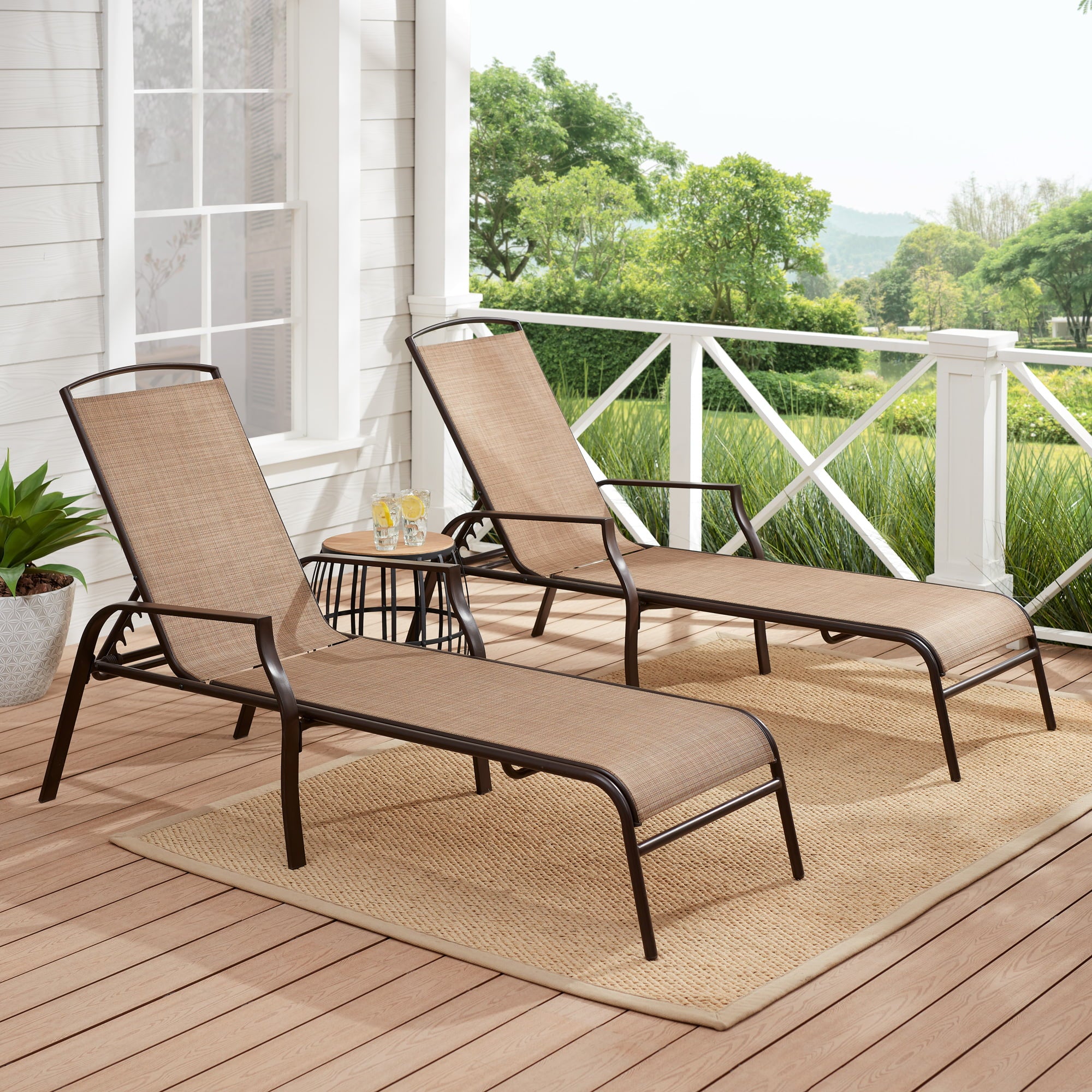 Mainstays Sand Dune Reclining Steel Outdoor Chaise Lounge - Set of 2， Beige/Black