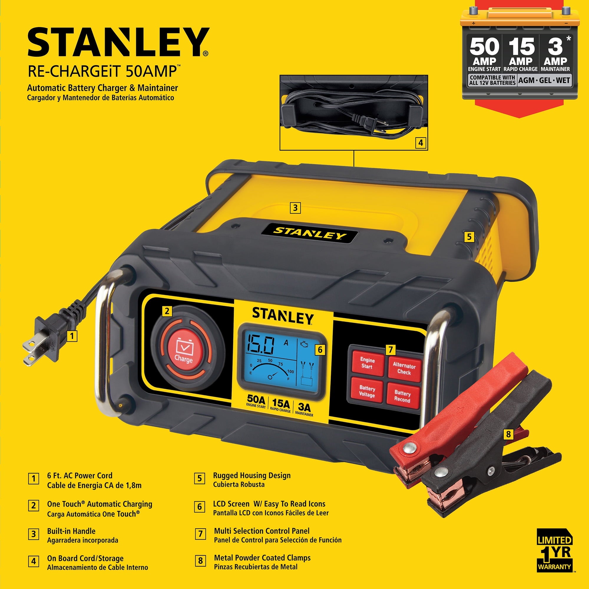 STANLEY 15 Amp Automotive Battery Charger with 50 Amp Engine Start (BC50BS) New