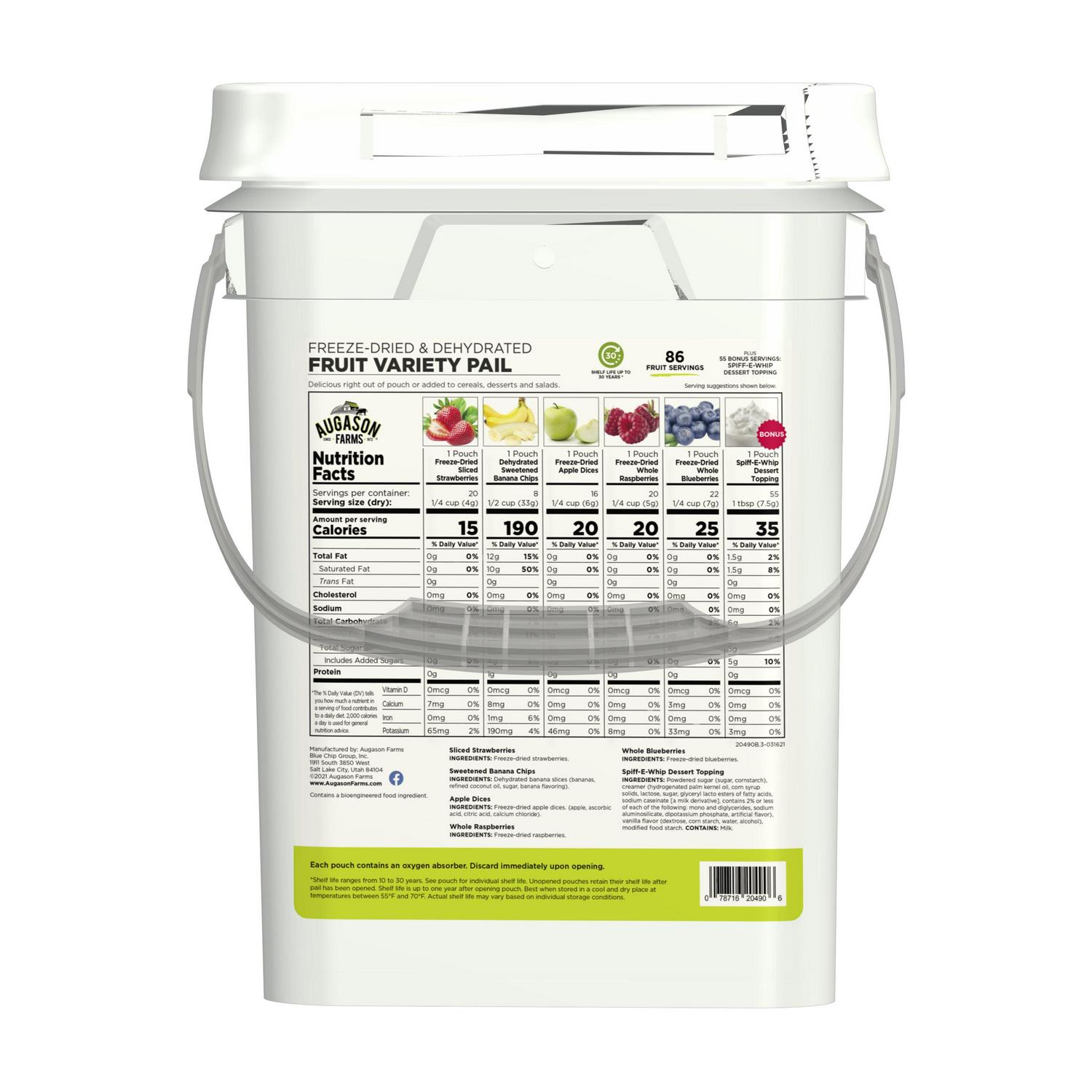 Augason Farms Freeze Dried and Dehydrated Fruit Variety Pail， 86 Servings， Emergency Food