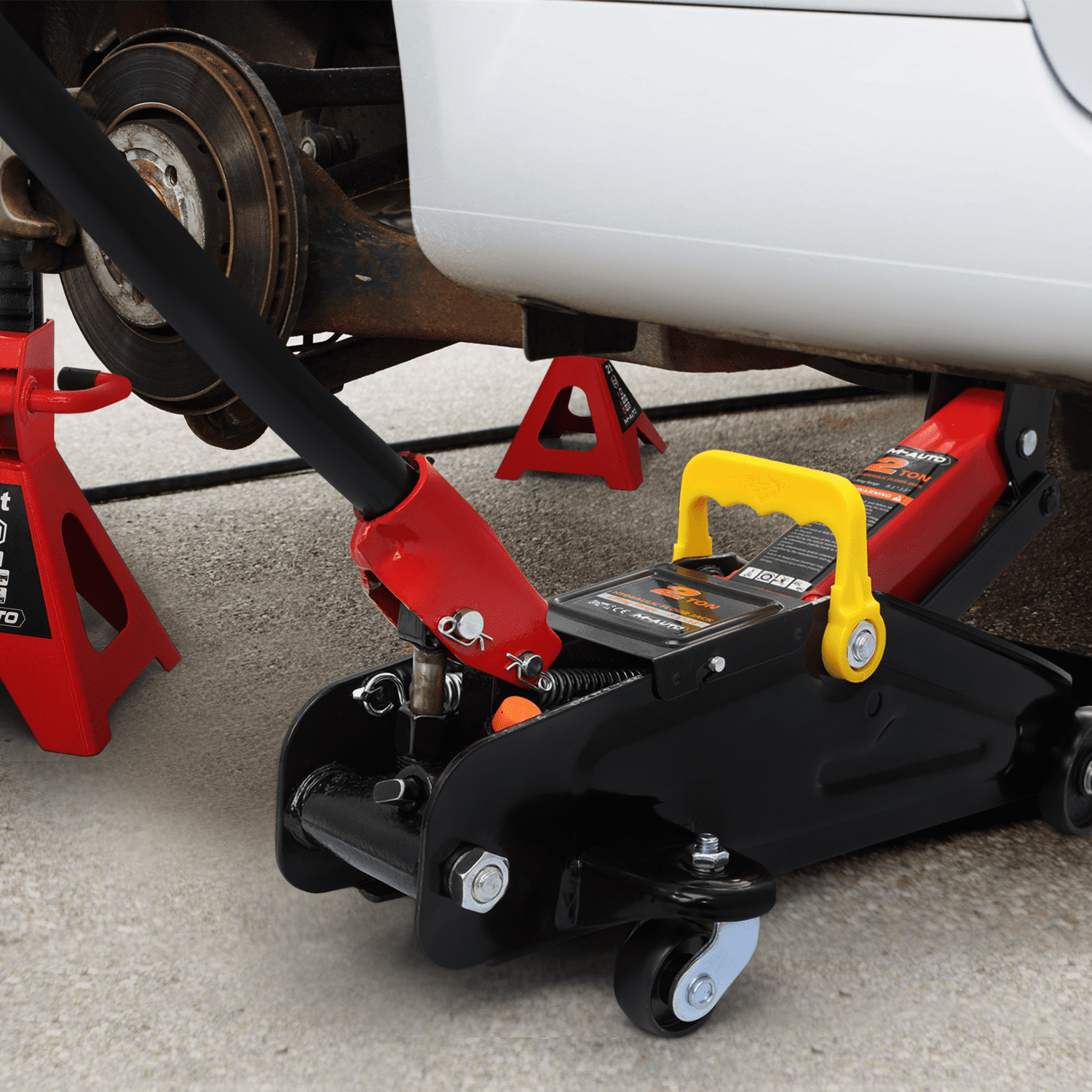 M-AUTO 3PC Jack & Stands Set Heavy Duty Manual Floor Jack with 2 Jack Stands, 2 Ton Capacity Trolley (4,000 lb), Black