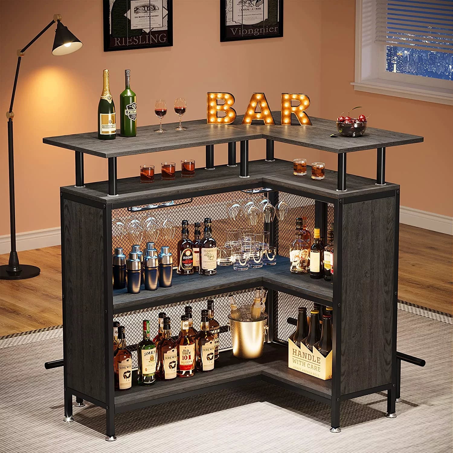 FJU Home Bar Unit, L-shaped Bar Table with Stemware Racks and 2-tier Shelves, Corner Mini Coffee Liquor Cabinet with Footrest for Home/Kitchen/Pub, Gray