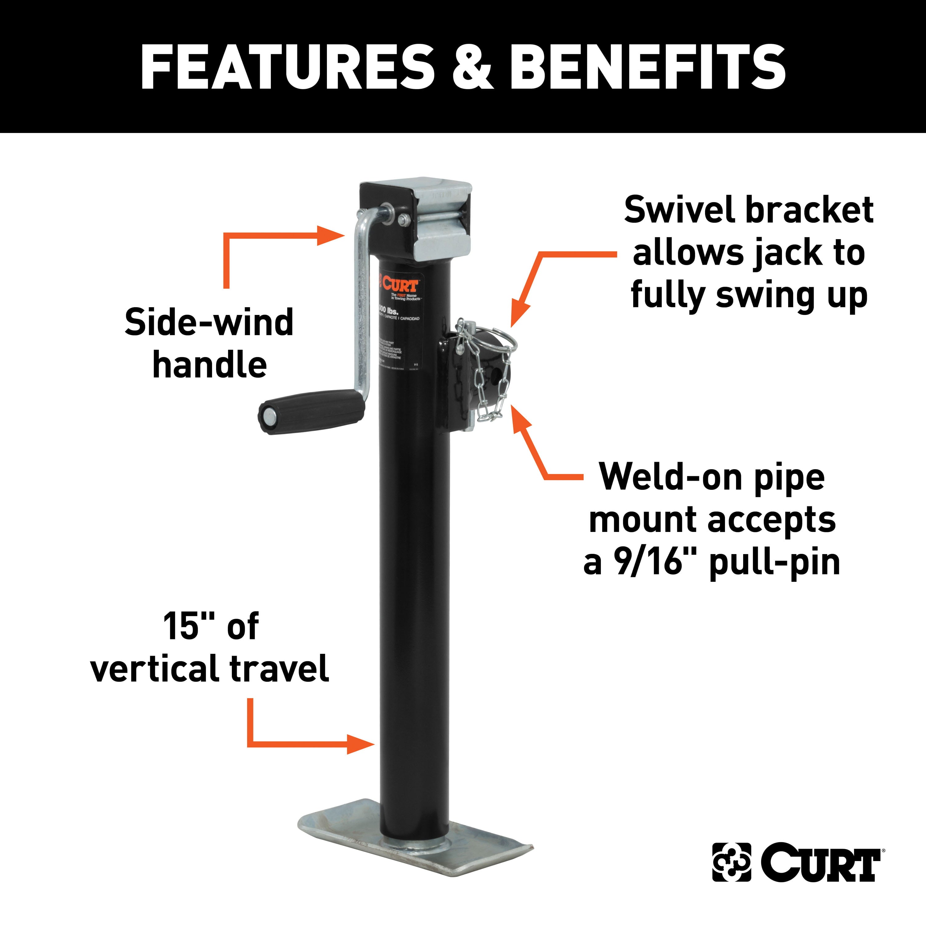 CURT 28324 Weld-On Pipe-Mount Swivel Trailer Jack, 2,000 lbs. 15 Inches Vertical Travel