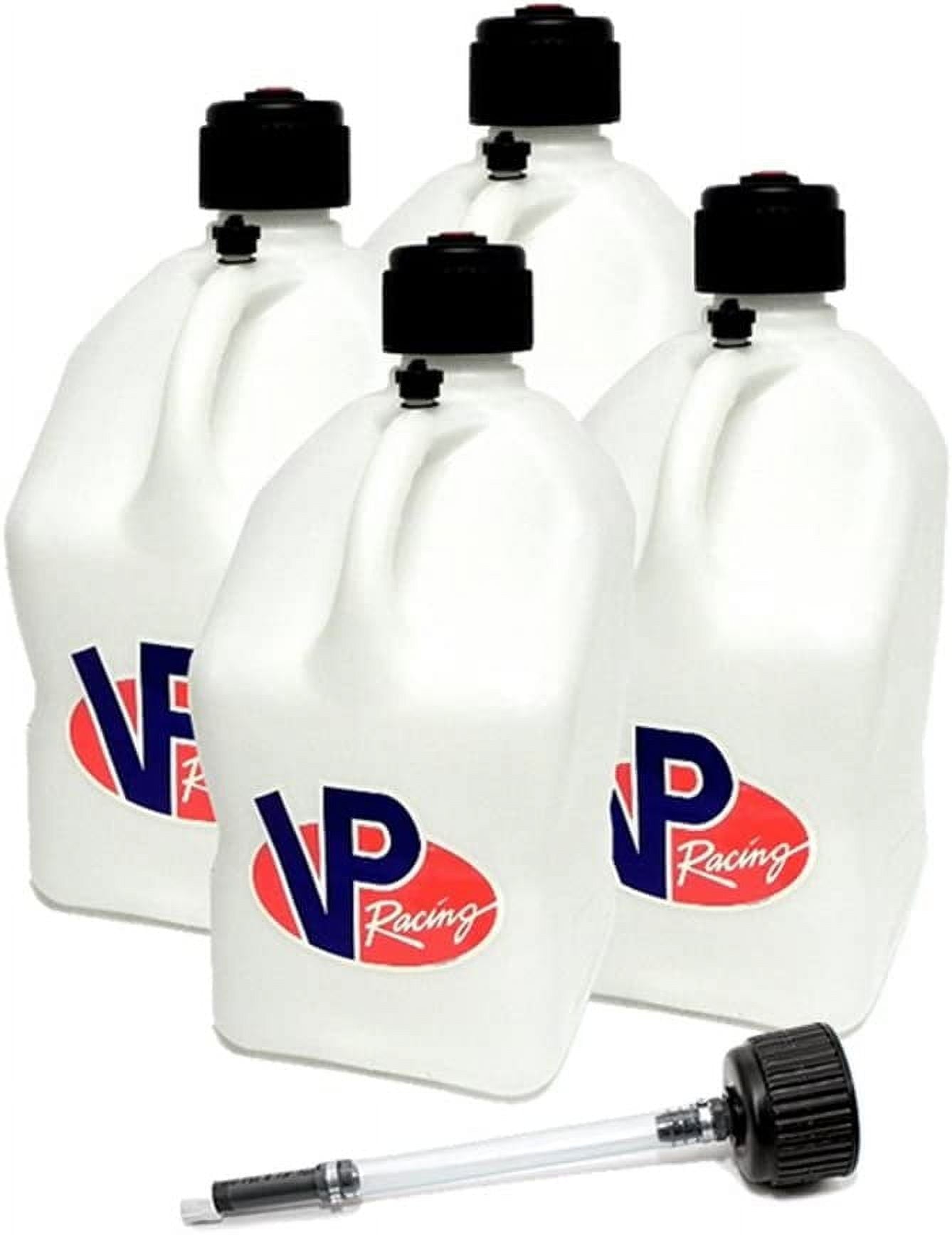 VP Racing Fuels 5 Gallon Round Motorsport Utility Container White & Hose 4 Pack