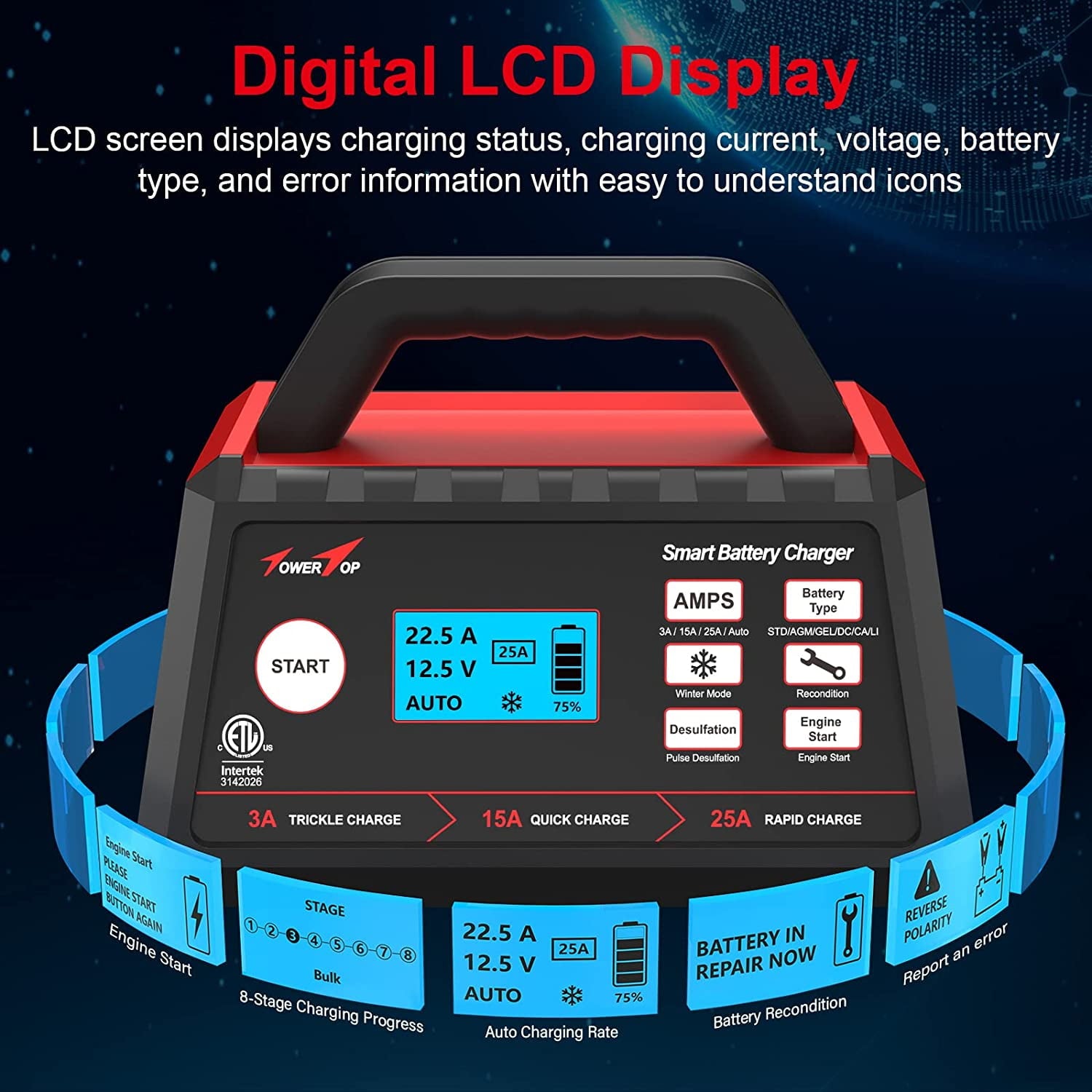 TowerTop Battery Charger, 3/15/25Amp 12V Fully Automatic Smart Trickle Charger, Automotive Battery Maintainer for 12 Volt Lead-Acid and LiFePO4 Lithium Batteries