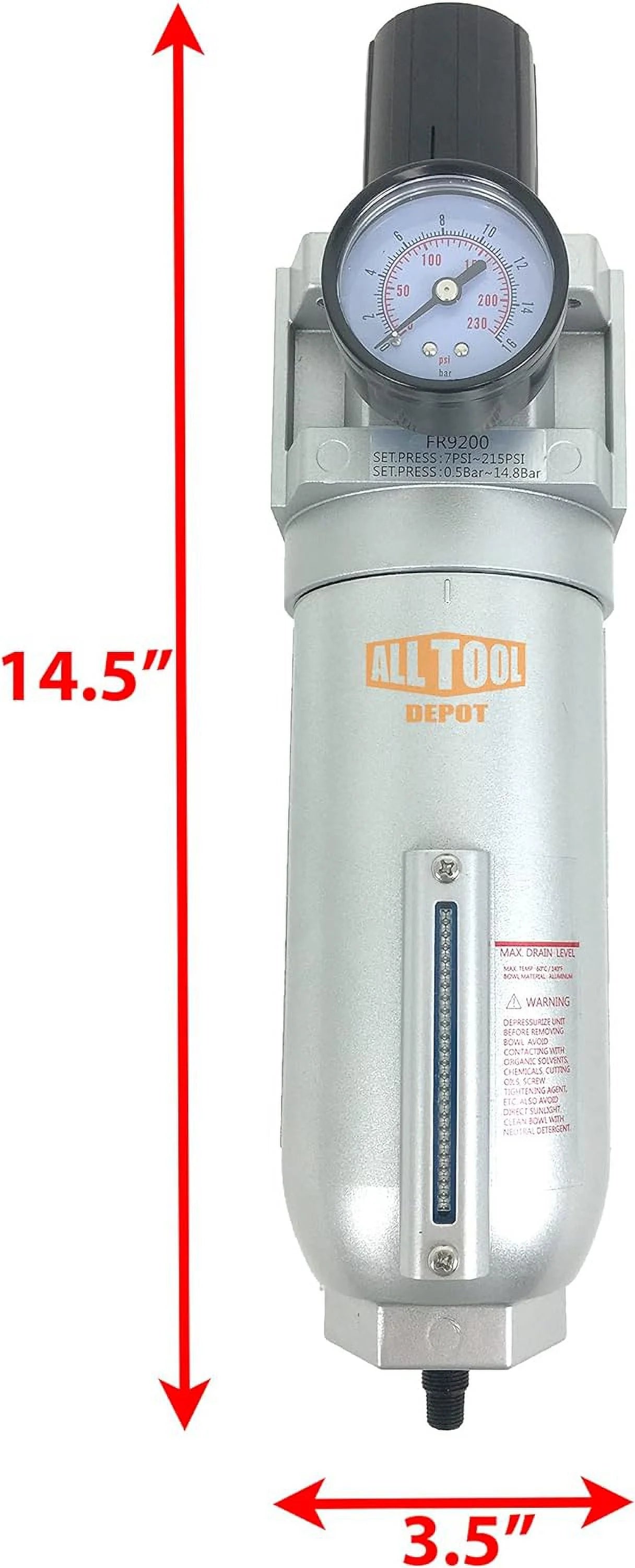 NPT SUPER DUTY Compressed Air In Line Filter Regulator Combo Piggyback, Metal Bowl, 5 Micron , Adjustable From 7 To 175 PSI (AUTO DRAIN)