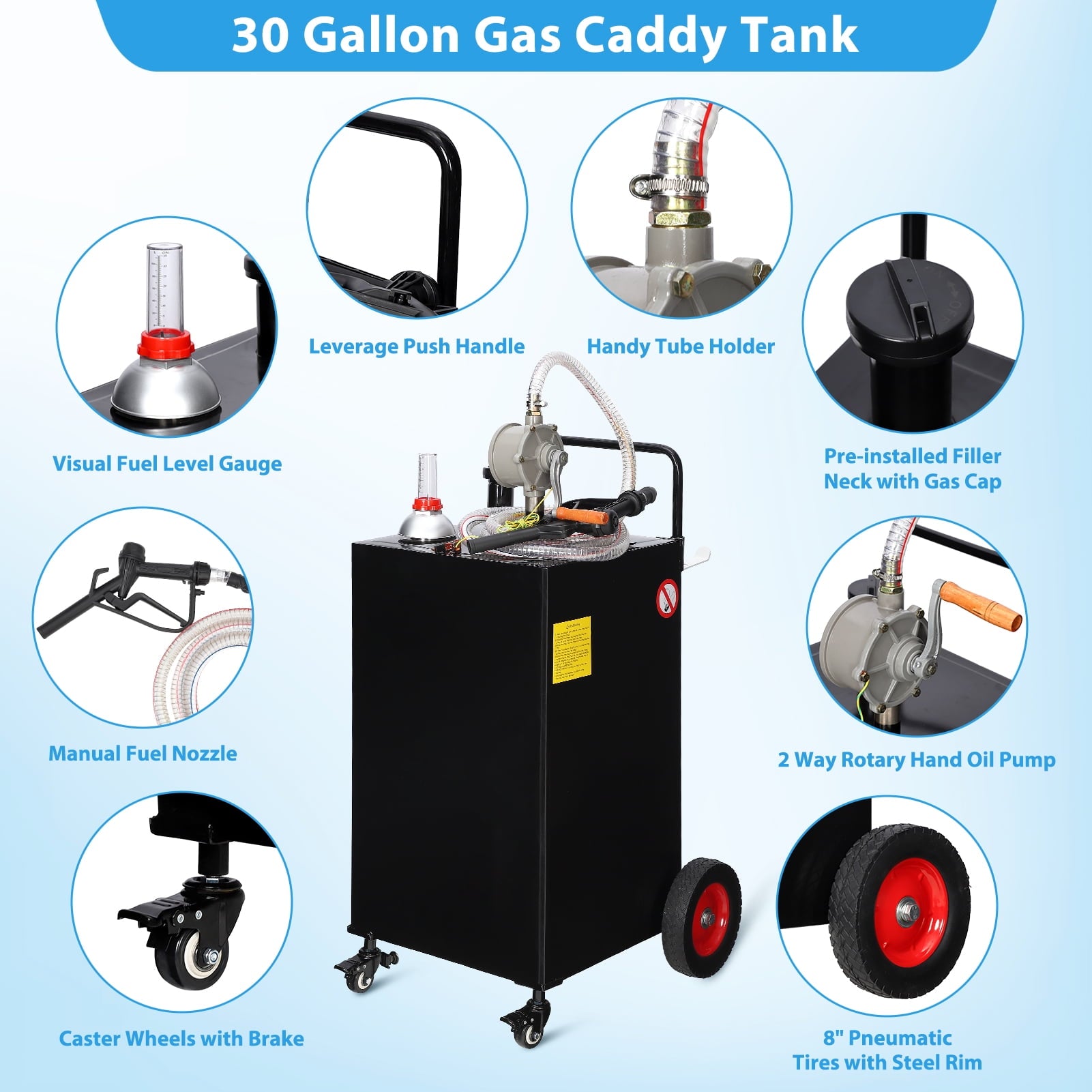 Fuel Caddy, 35 Gallon Portable Stainless Steel Gas Storage Tank On 4 Wheels with Manual Transfer Pump, Gasoline Diesel Fuel Container with Siphon Pump, for Cars Lawn Mowers ATVs Boats