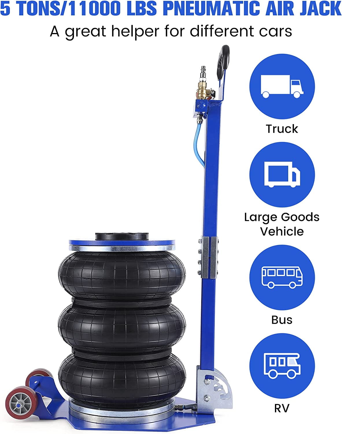 WhizMax 5 Ton/11000 lbs Triple Bag Air Jack, Quick Air Bag Jack Lift Up to 15.75 Inch, 3-5S Fast Lifting, Air Bag Jack for Cars with Adjustable Long Handle, Brass Valve