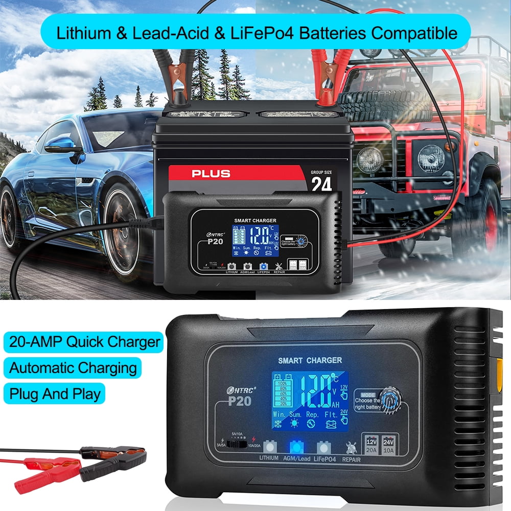 20-Amp Smart Battery Charger,Lithium,LiFePO4,Lead-Acid(AGM/Gel/SLA..) Car Battery Charger,Trickle Charger, Maintainer/deep Cycle Charger,12V/20A and 24V/10A,for Boat,Motorcycle,Lawn Mower,Golf