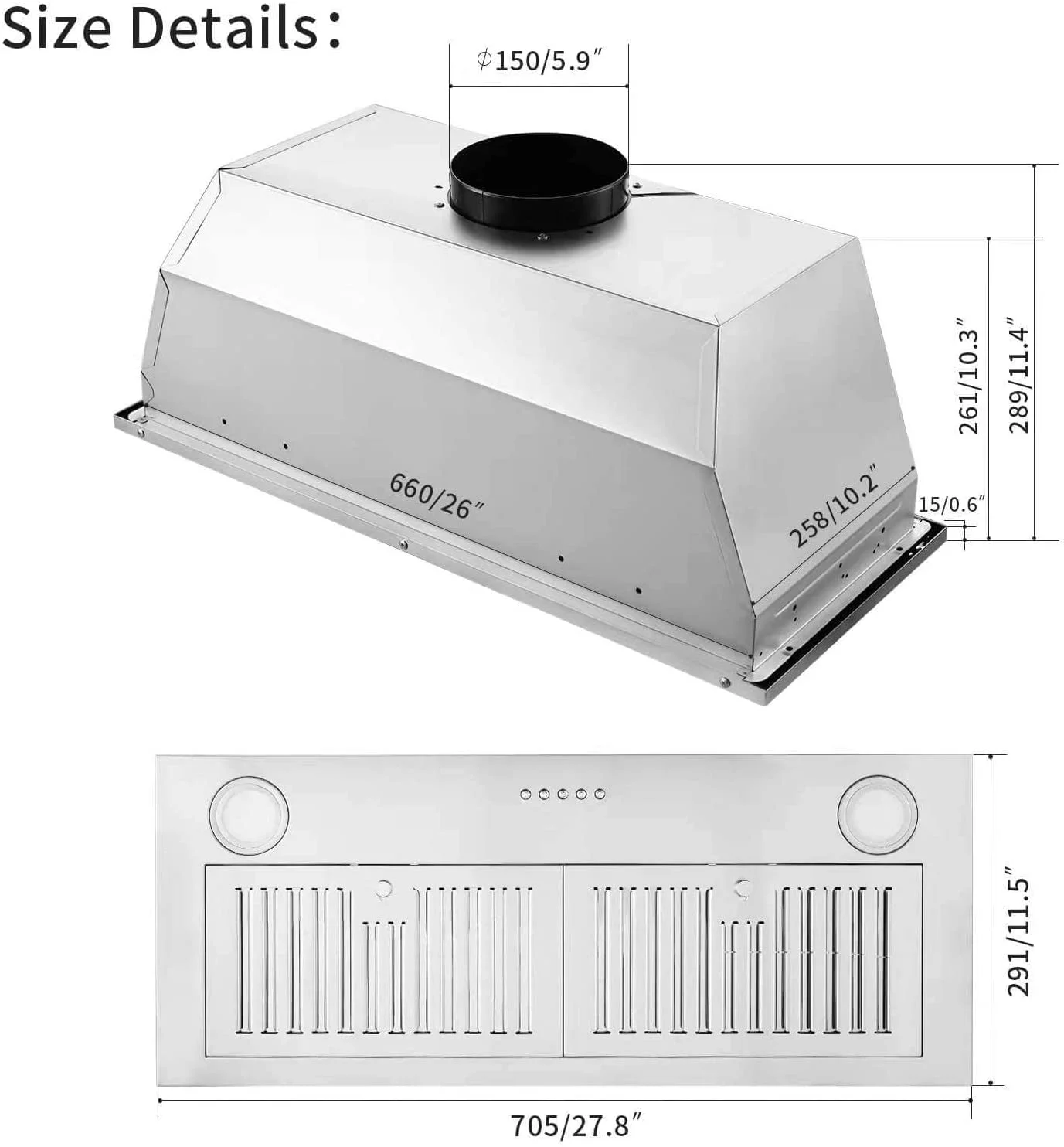 Range Hood 30-inch Built-in Insert Cooker Hood 600CFM Powerful Exhaust Vent Fan