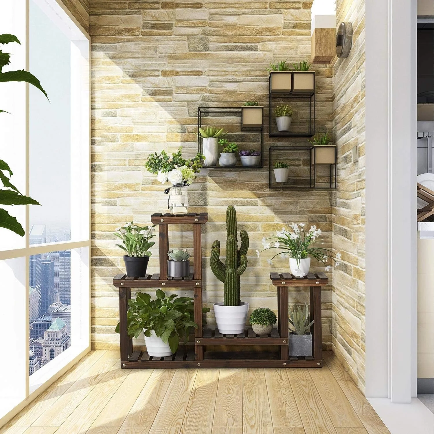 Flower Display Stand Wooden Plant Shelf Racks Indoor Flower Stands Pots Display Rustic Shelf Holder Outdoor Assorted Usage Unit for Patio Garden Yard Corner Balcony Living Room Bedroom