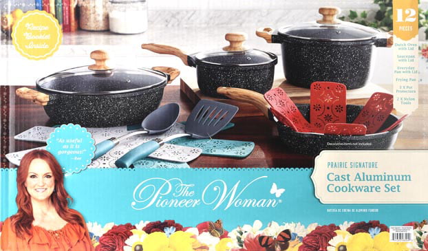 The Pioneer Woman Prairie Signature 12-Piece Cast Aluminum Cookware Set, Charcoal Speckle