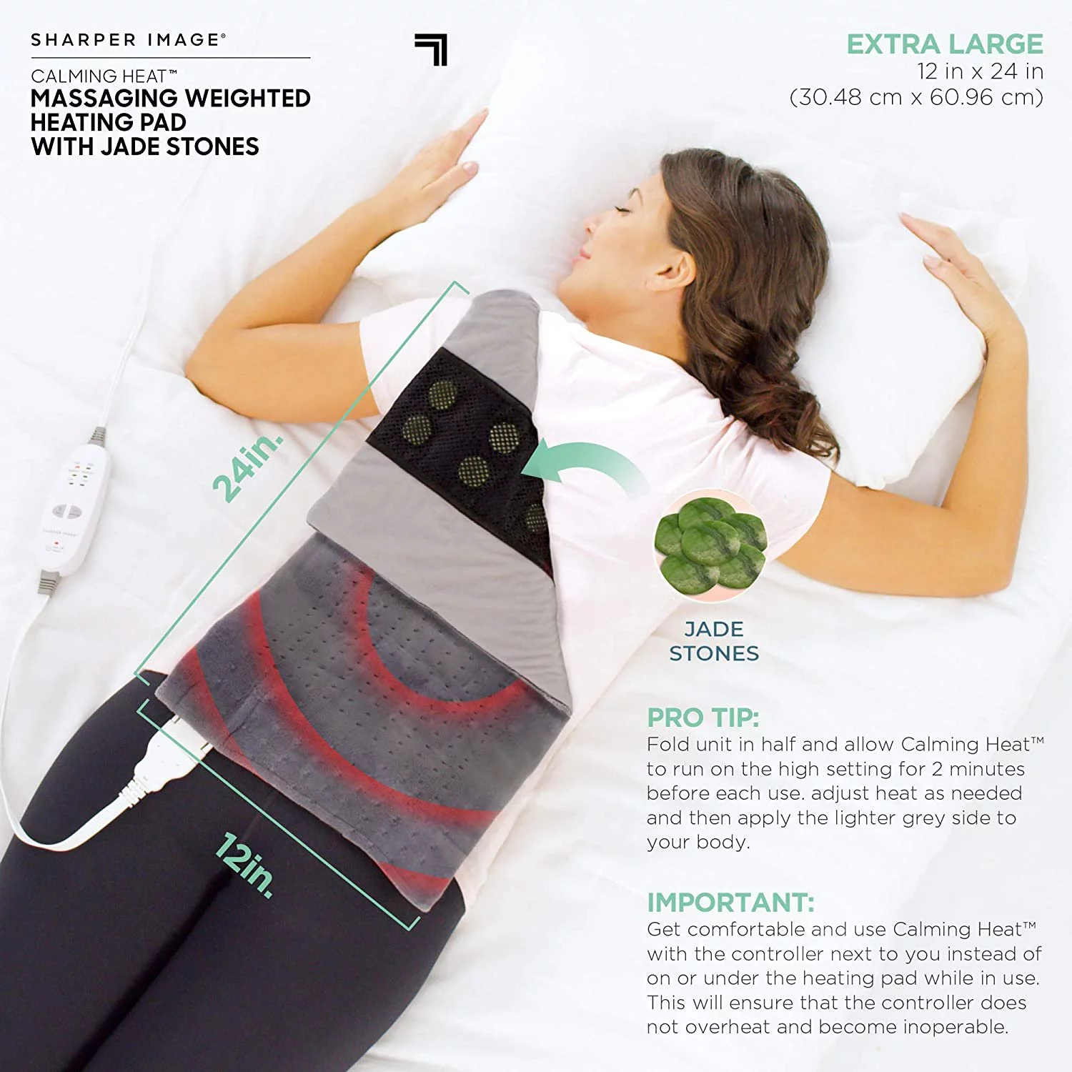 Calming Heat Jade Stone Massaging Weighted Heating Pad by Sharper Image- Weighted Electric Heating Pad, Massaging Vibrations, 6 Settings- 3 Heat, 3 Massage- 9 Relaxing Combinations, 12” x 24”, 4 lbs