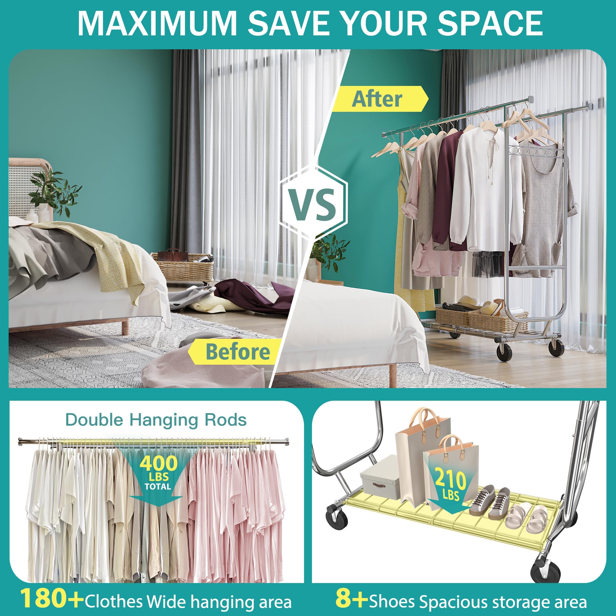 Raybee Clothes Rack Heavy Duty Holds 610LBS Rolling Clothing Racks for Hanging Clothes Portable Clothes Rack Metal Clothing Rack with Wheels Collapsible & Commercial Garment Rack Heavy Duty