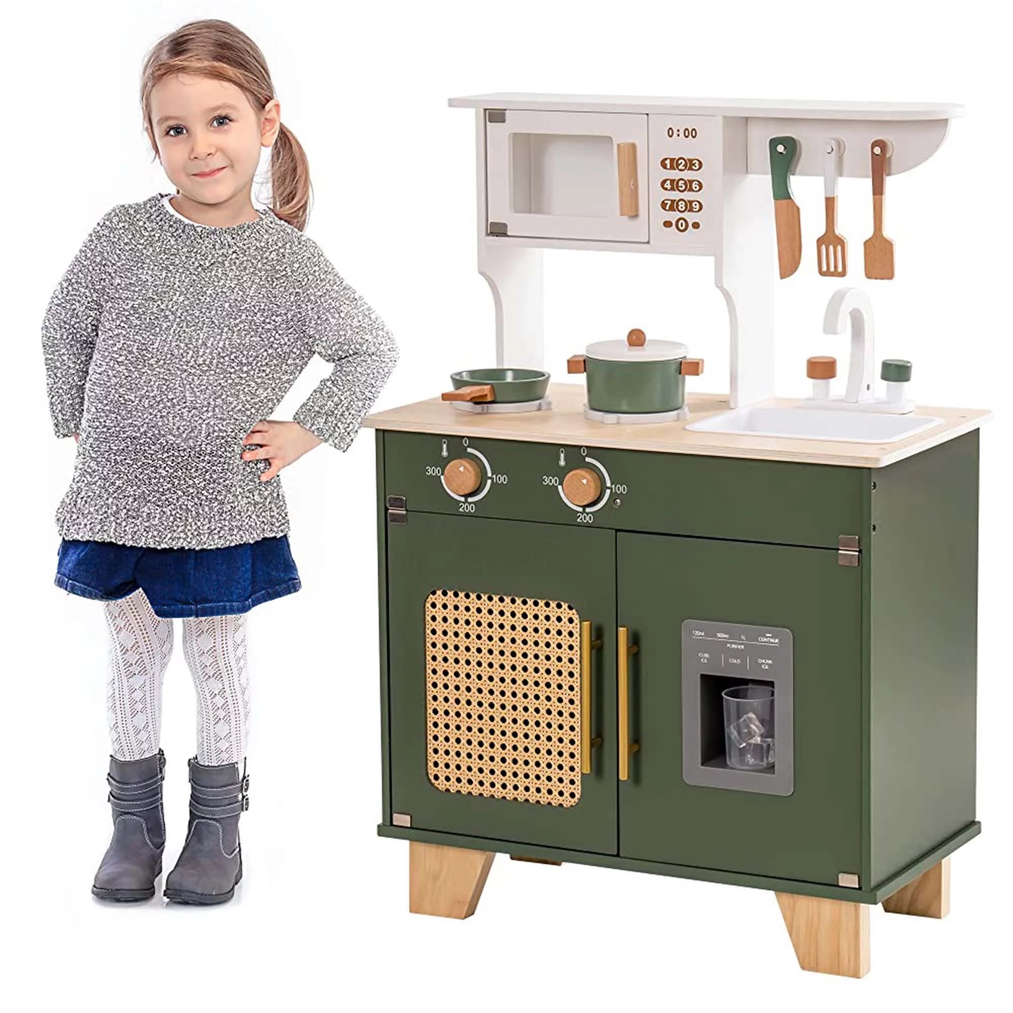 Robud Kids Kitchen Play Set with Ice Maker for Toddler, Pretend Playset Wooden Toy for Kids Age 3+ ,Vintage Green