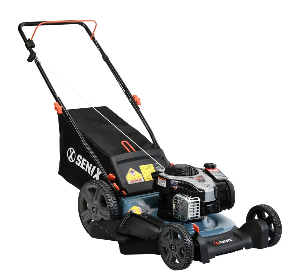 SENIX 21-Inch Push Lawnmower, 140 cc 4-Cycle Briggs & Stratton Engine, 3-in-1 Mower, Prime & Pull, 6-Position Height Adjustment with 11-Inch Rear Wheels, LSPG-M7