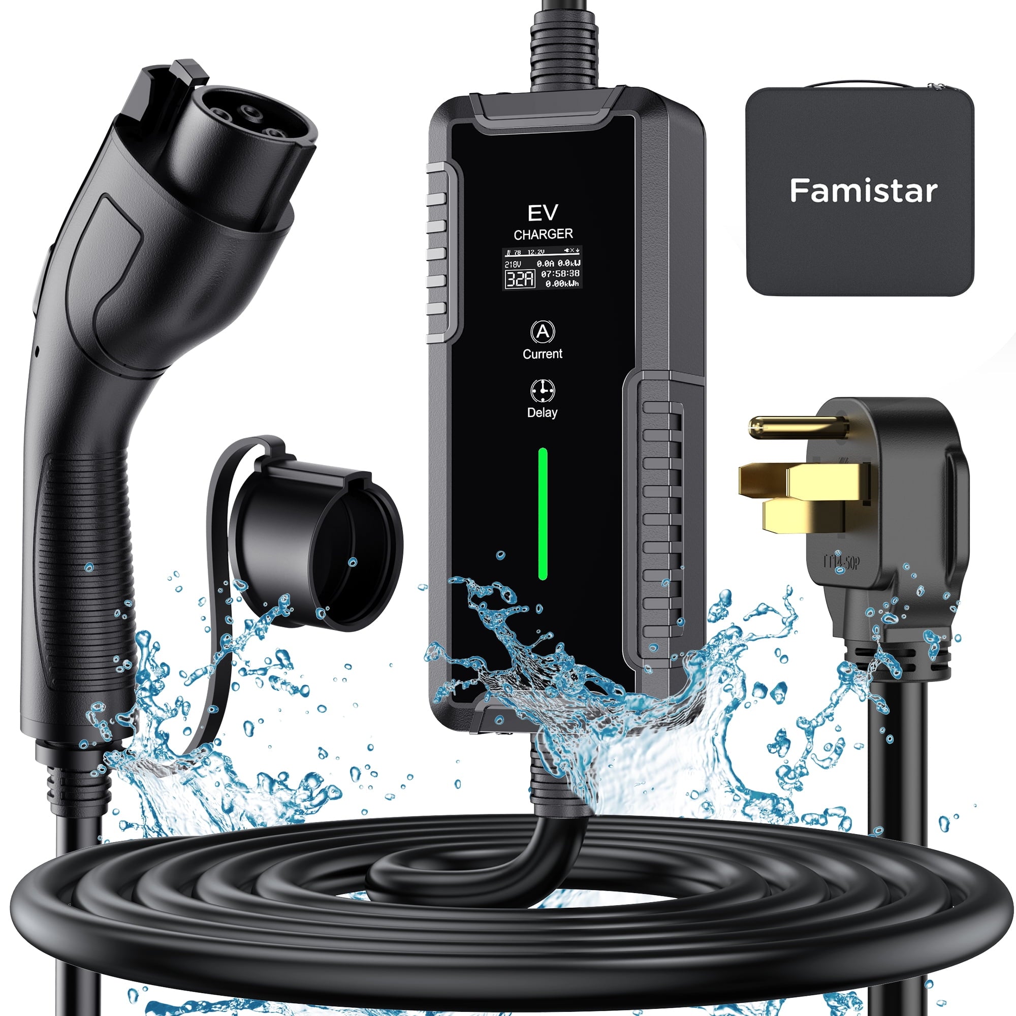 Famistar Level 1 & 2 EV Charger, 25 ft Adj. 8-32A 100-240V Portable Electric Car Fast Charger, Plug-in Electric Vehicle Charger Staion for J1772 EVS Green