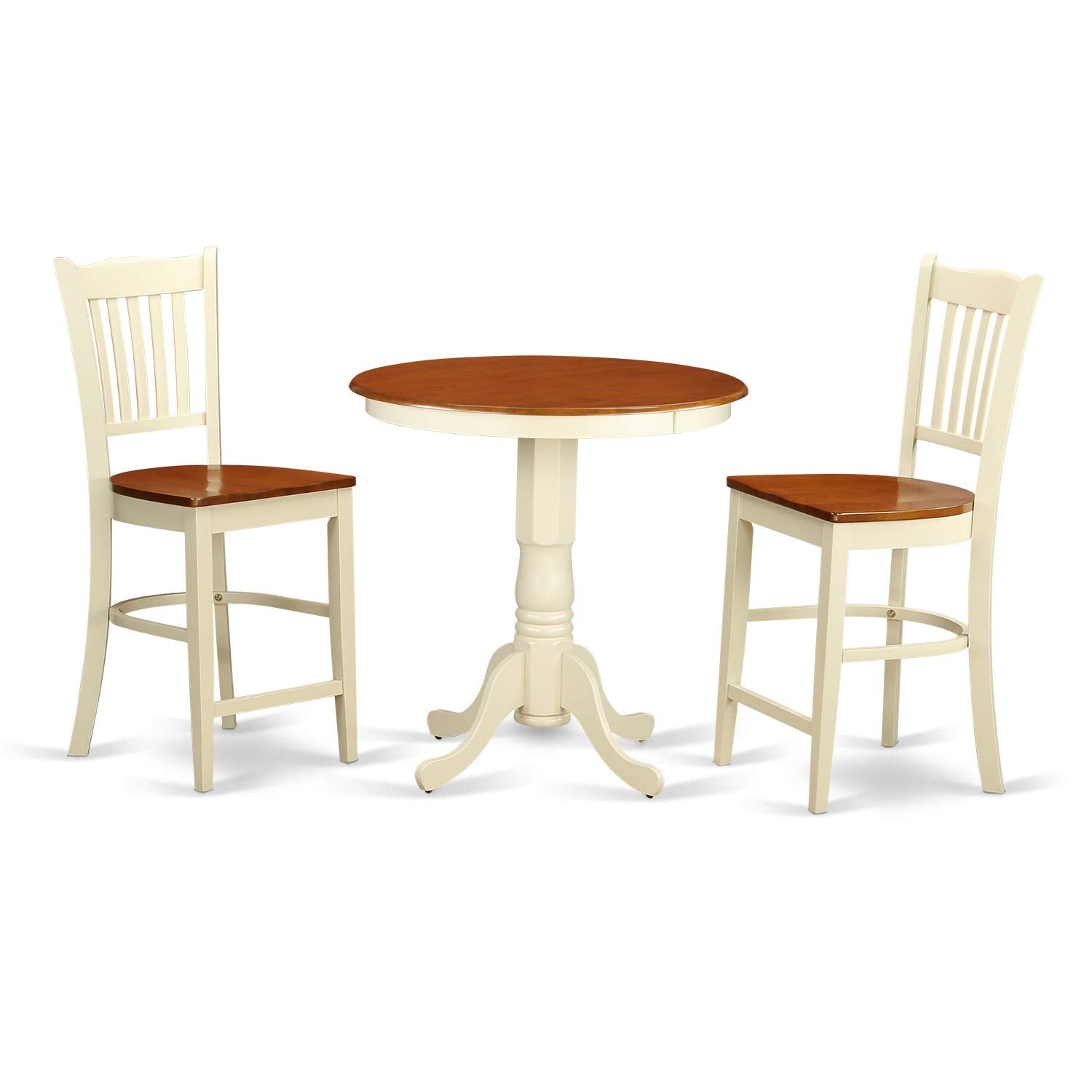 East West Furniture EDGR3-WHI-W Eden 3 Piece Kitchen Counter Set for Small Spaces Contains a Round Room Table with Pedestal and 2 Dining Chairs, 30x30 Inch, Buttermilk & Cherry